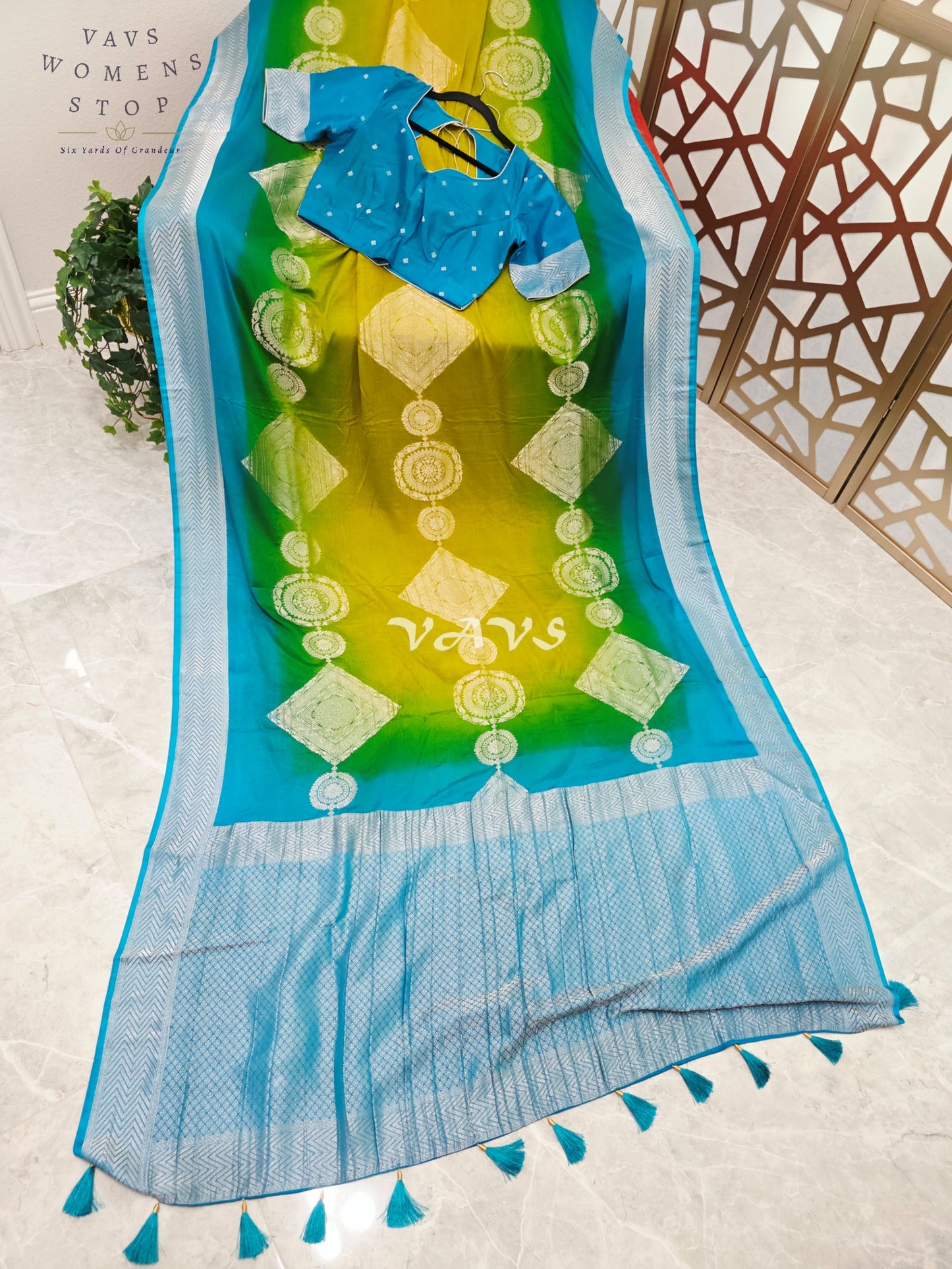 Peacock Turquoise & Lime Ombré Premium Chiffon Saree with Silver Zari Motifs & Stitched Blouse Size 36-42