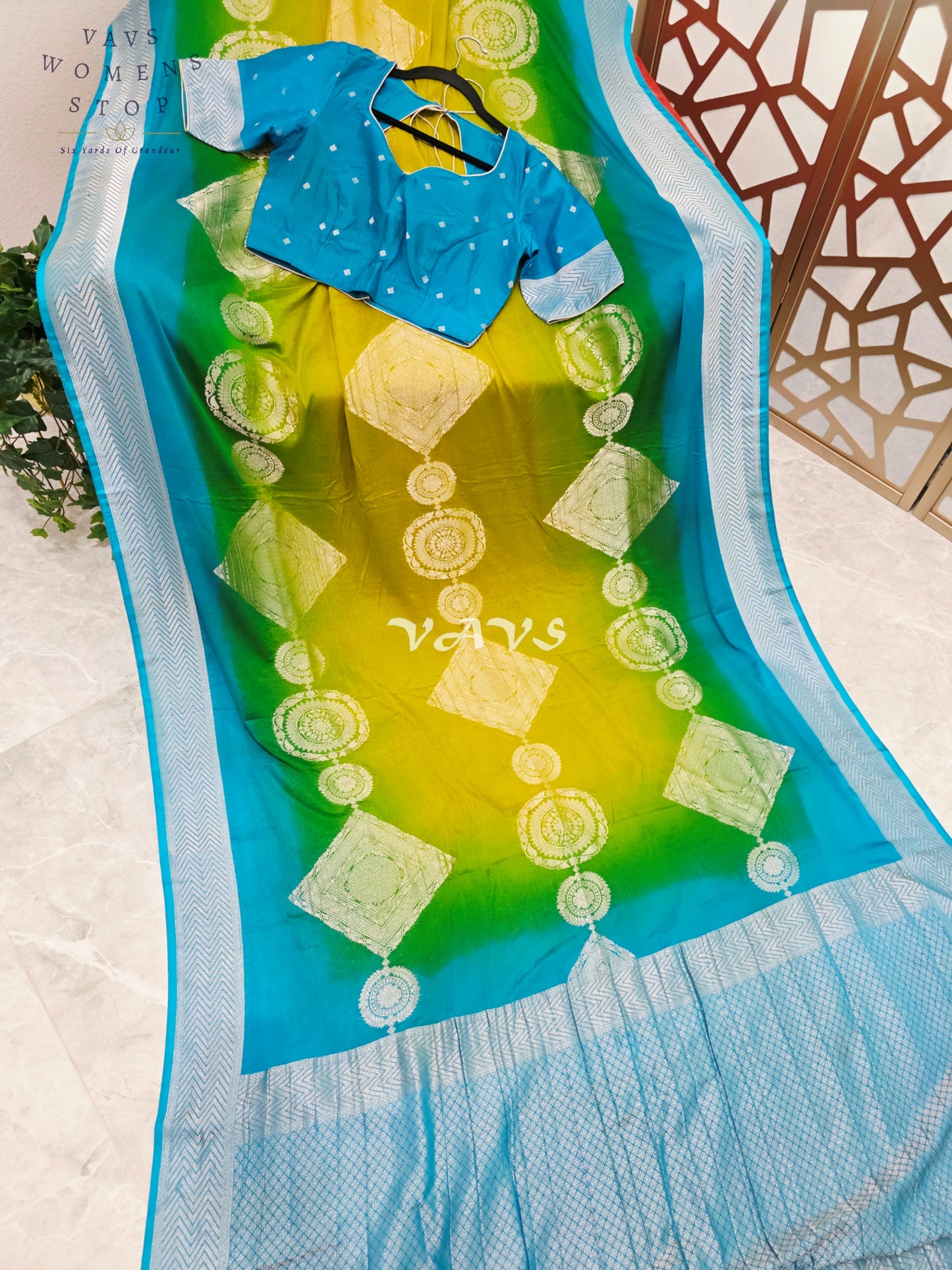 Peacock Turquoise & Lime Ombré Premium Chiffon Saree with Silver Zari Motifs & Stitched Blouse Size 36-42