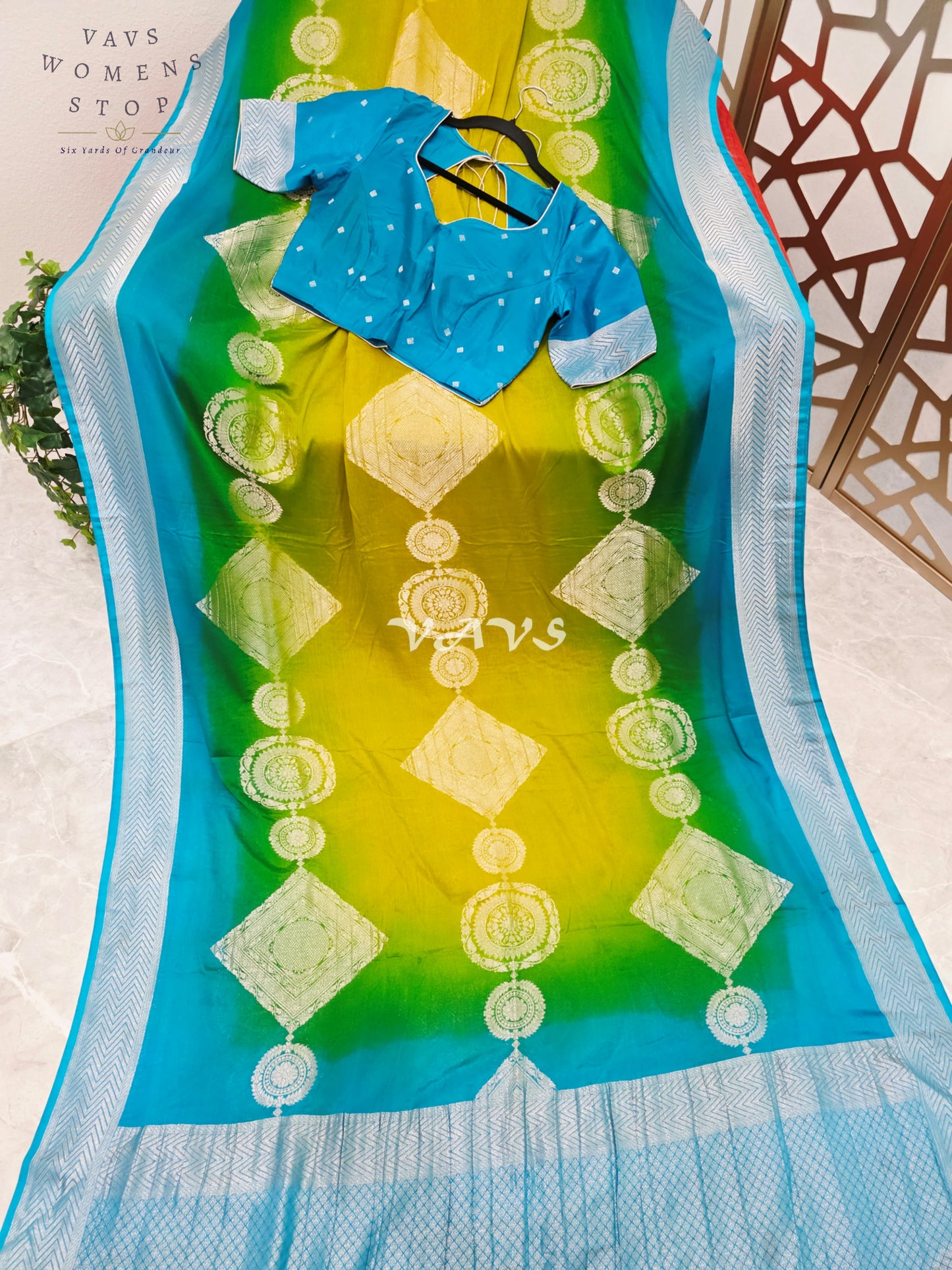 Peacock Turquoise & Lime Ombré Premium Chiffon Saree with Silver Zari Motifs & Stitched Blouse Size 36-42
