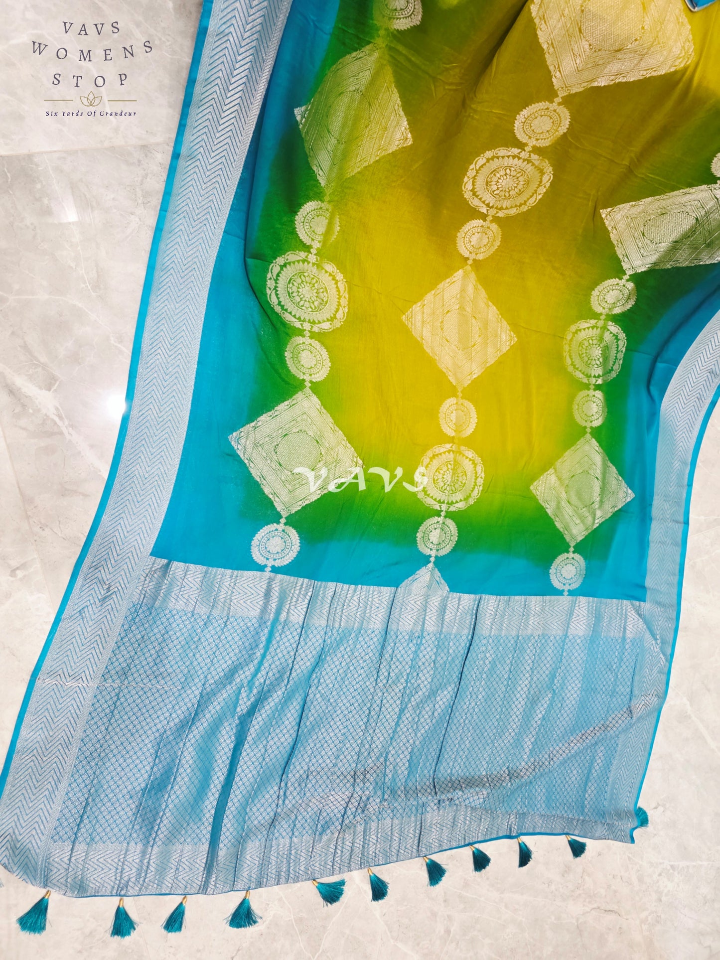 Peacock Turquoise & Lime Ombré Premium Chiffon Saree with Silver Zari Motifs & Stitched Blouse Size 36-42