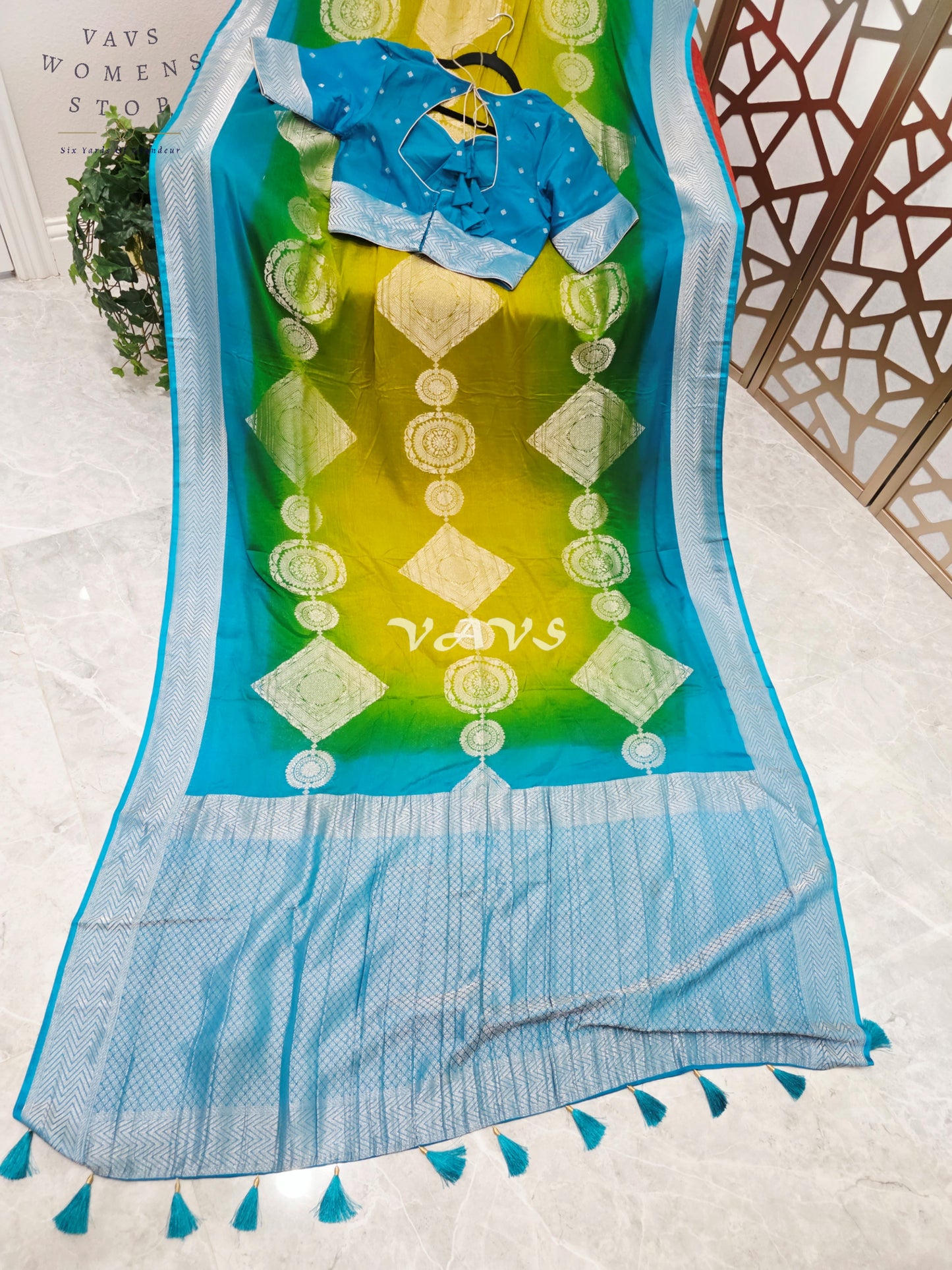 Peacock Turquoise & Lime Ombré Premium Chiffon Saree with Silver Zari Motifs & Stitched Blouse Size 36-42