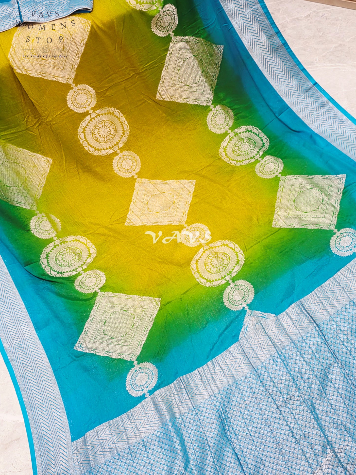 Peacock Turquoise & Lime Ombré Premium Chiffon Saree with Silver Zari Motifs & Stitched Blouse Size 36-42