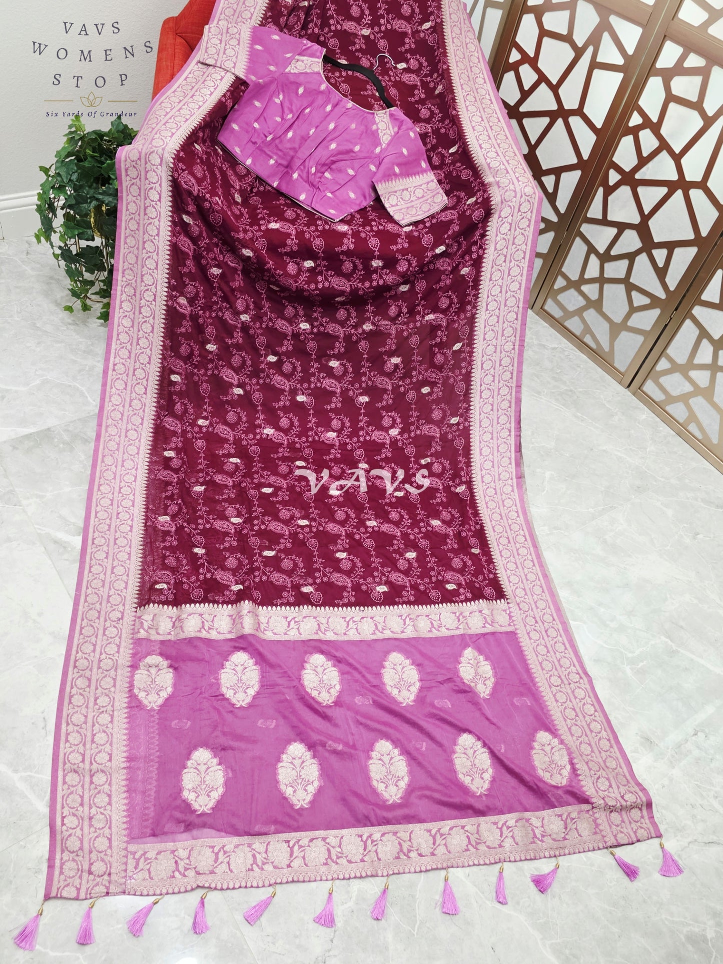 Royal Wine & Orchid Premium Chiffon Saree with All-Over Chikankari Embroidery & Stitched Blouse Size 36-42