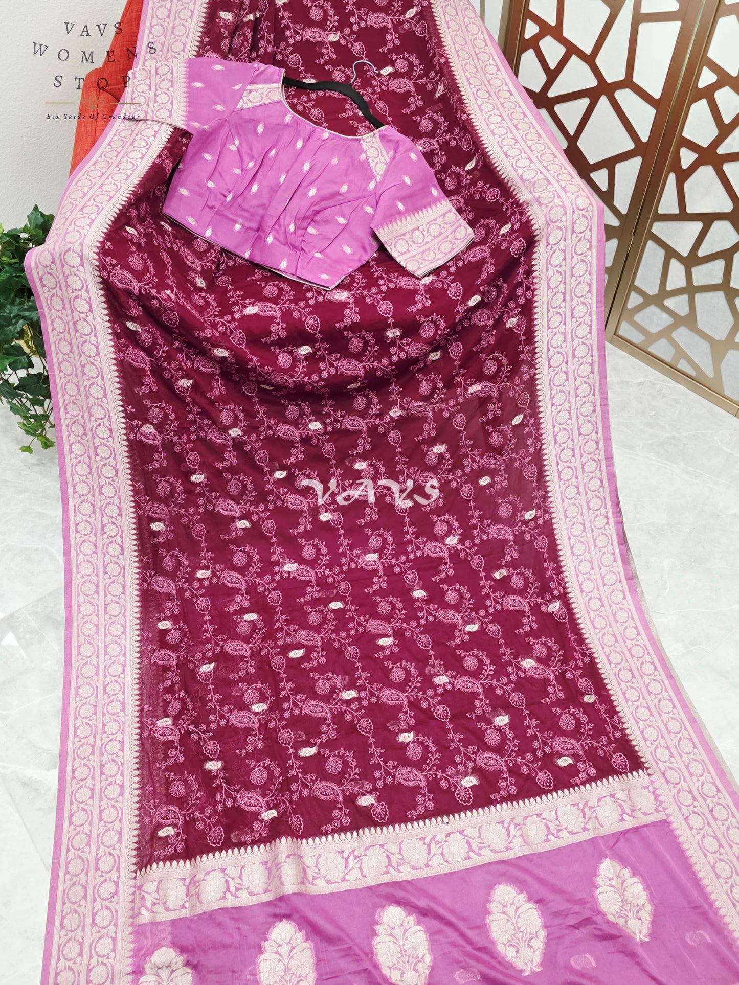 Royal Wine & Orchid Premium Chiffon Saree with All-Over Chikankari Embroidery & Stitched Blouse Size 36-42