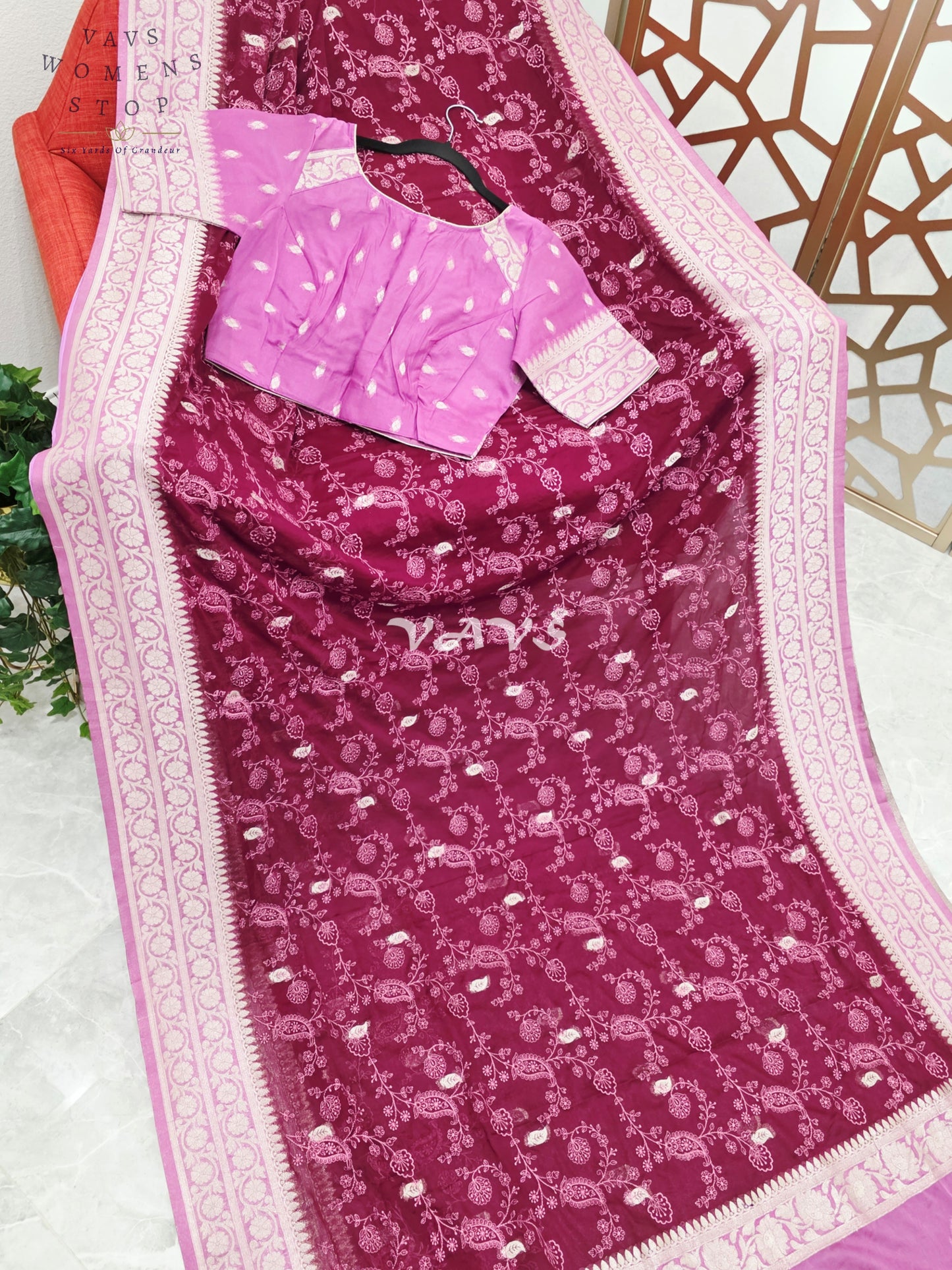 Royal Wine & Orchid Premium Chiffon Saree with All-Over Chikankari Embroidery & Stitched Blouse Size 36-42