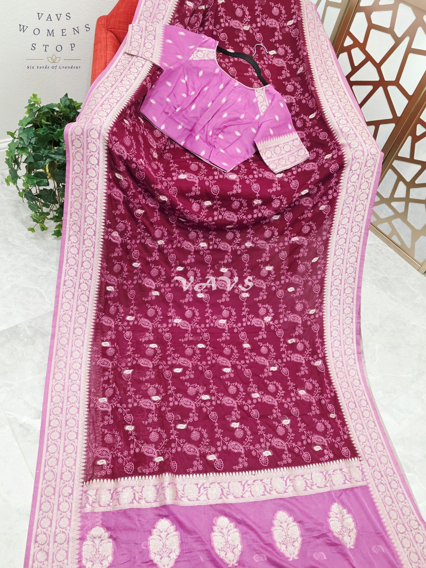 Royal Wine & Orchid Premium Chiffon Saree with All-Over Chikankari Embroidery & Stitched Blouse Size 36-42