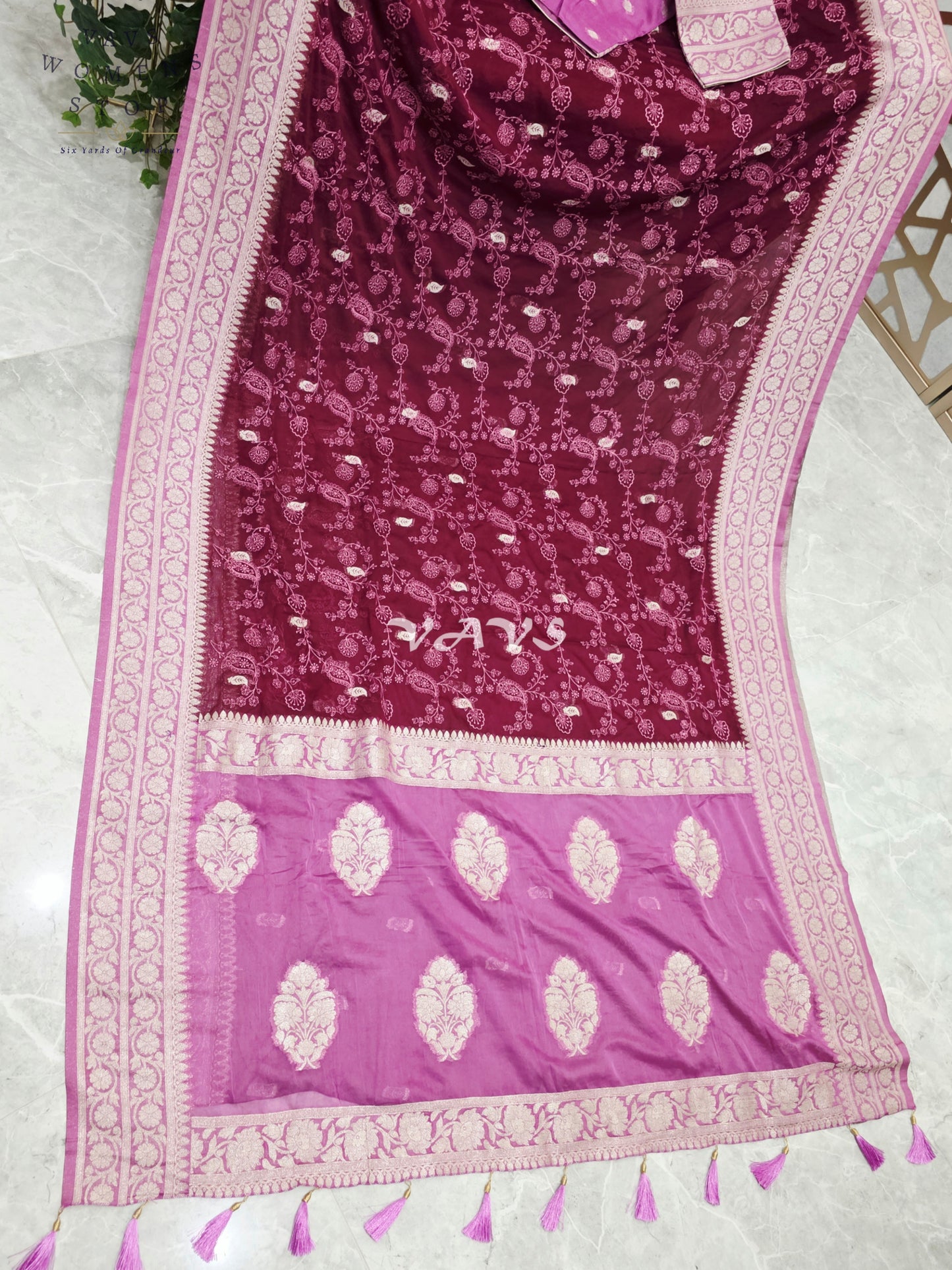 Royal Wine & Orchid Premium Chiffon Saree with All-Over Chikankari Embroidery & Stitched Blouse Size 36-42