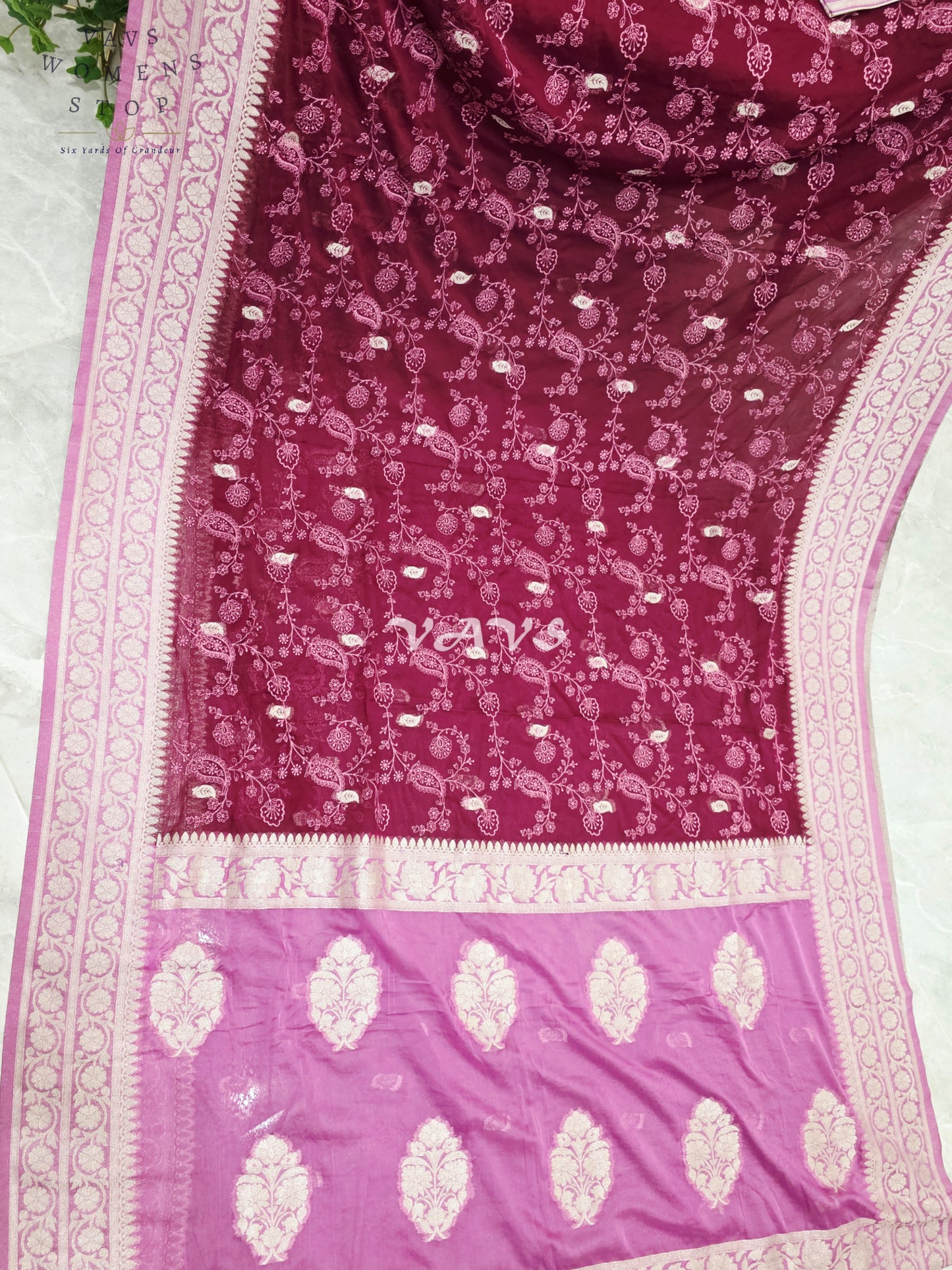 Royal Wine & Orchid Premium Chiffon Saree with All-Over Chikankari Embroidery & Stitched Blouse Size 36-42