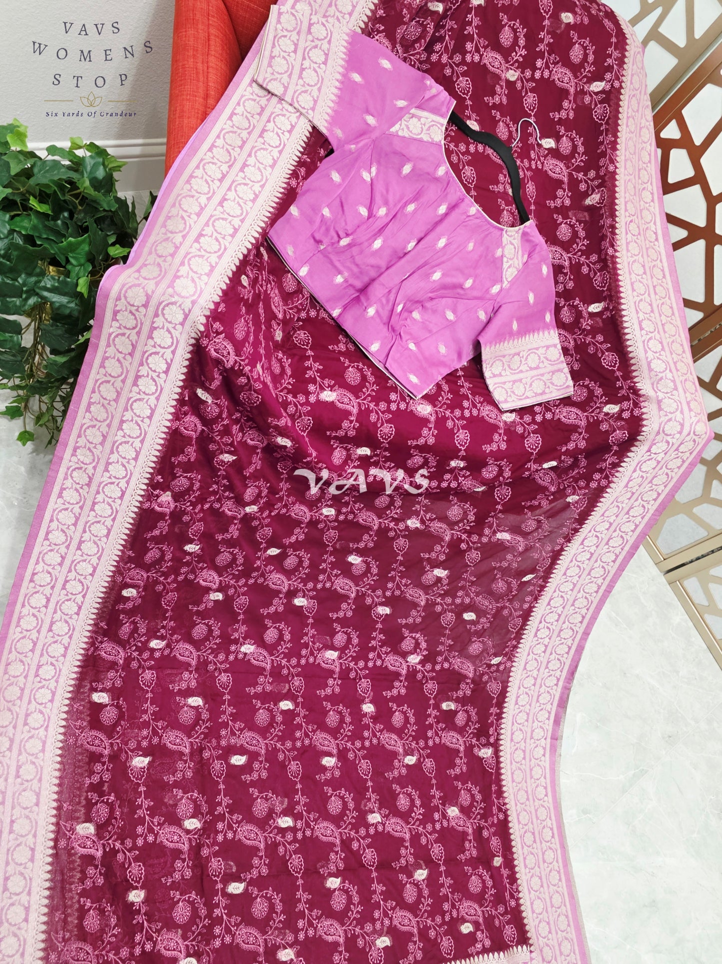 Royal Wine & Orchid Premium Chiffon Saree with All-Over Chikankari Embroidery & Stitched Blouse Size 36-42