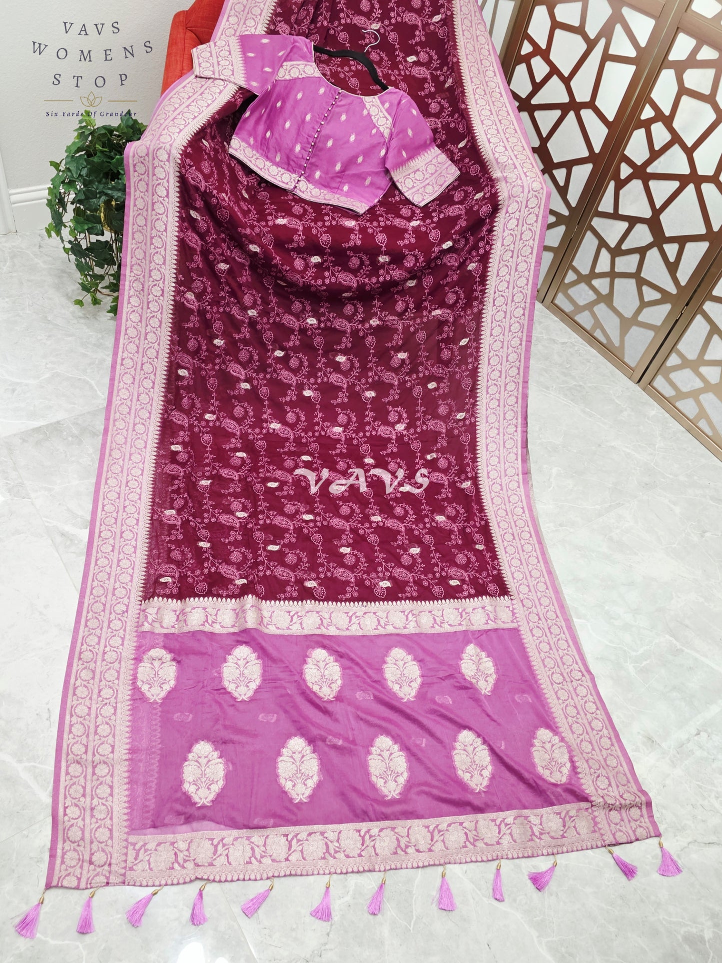 Royal Wine & Orchid Premium Chiffon Saree with All-Over Chikankari Embroidery & Stitched Blouse Size 36-42