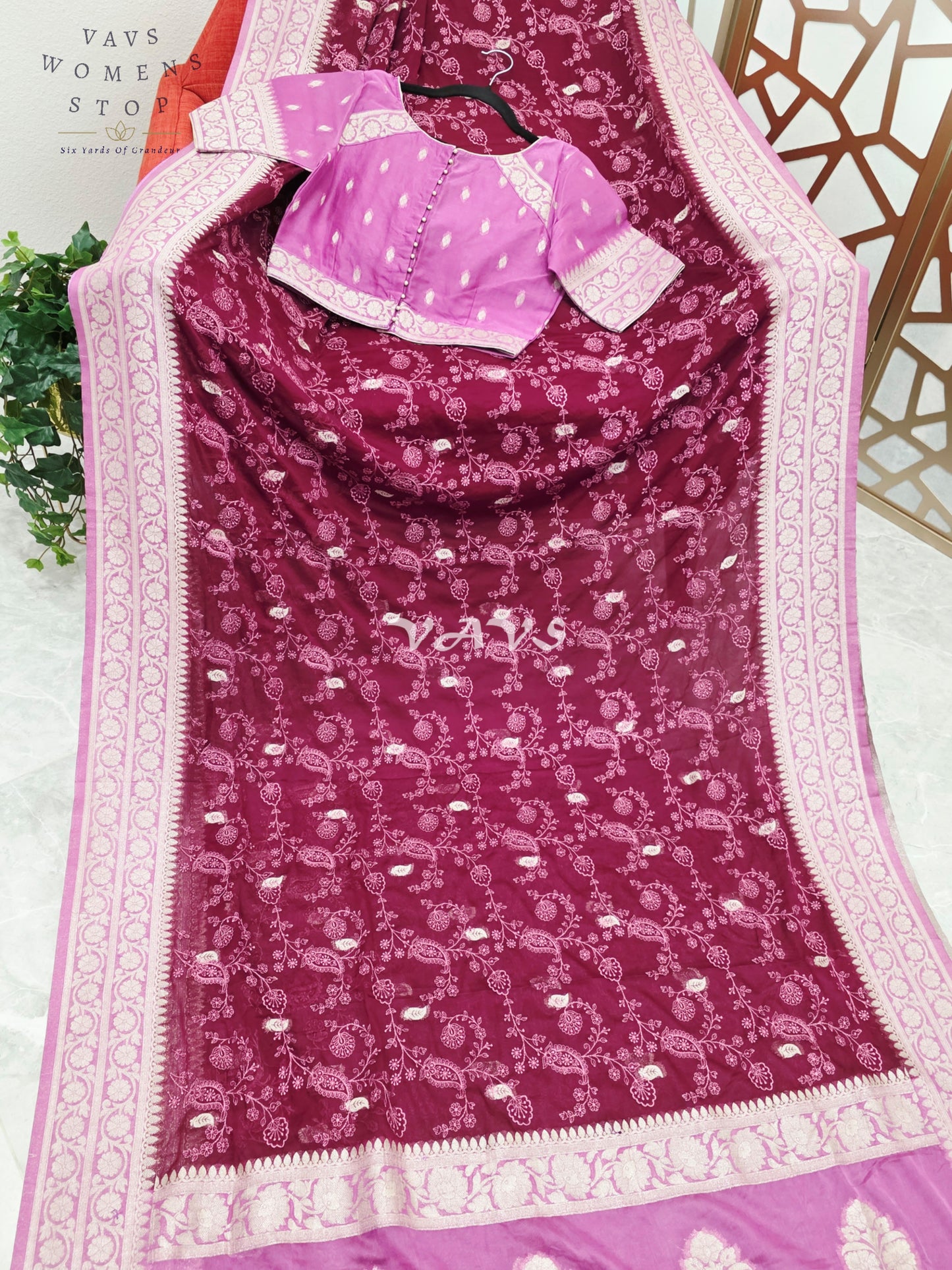 Royal Wine & Orchid Premium Chiffon Saree with All-Over Chikankari Embroidery & Stitched Blouse Size 36-42