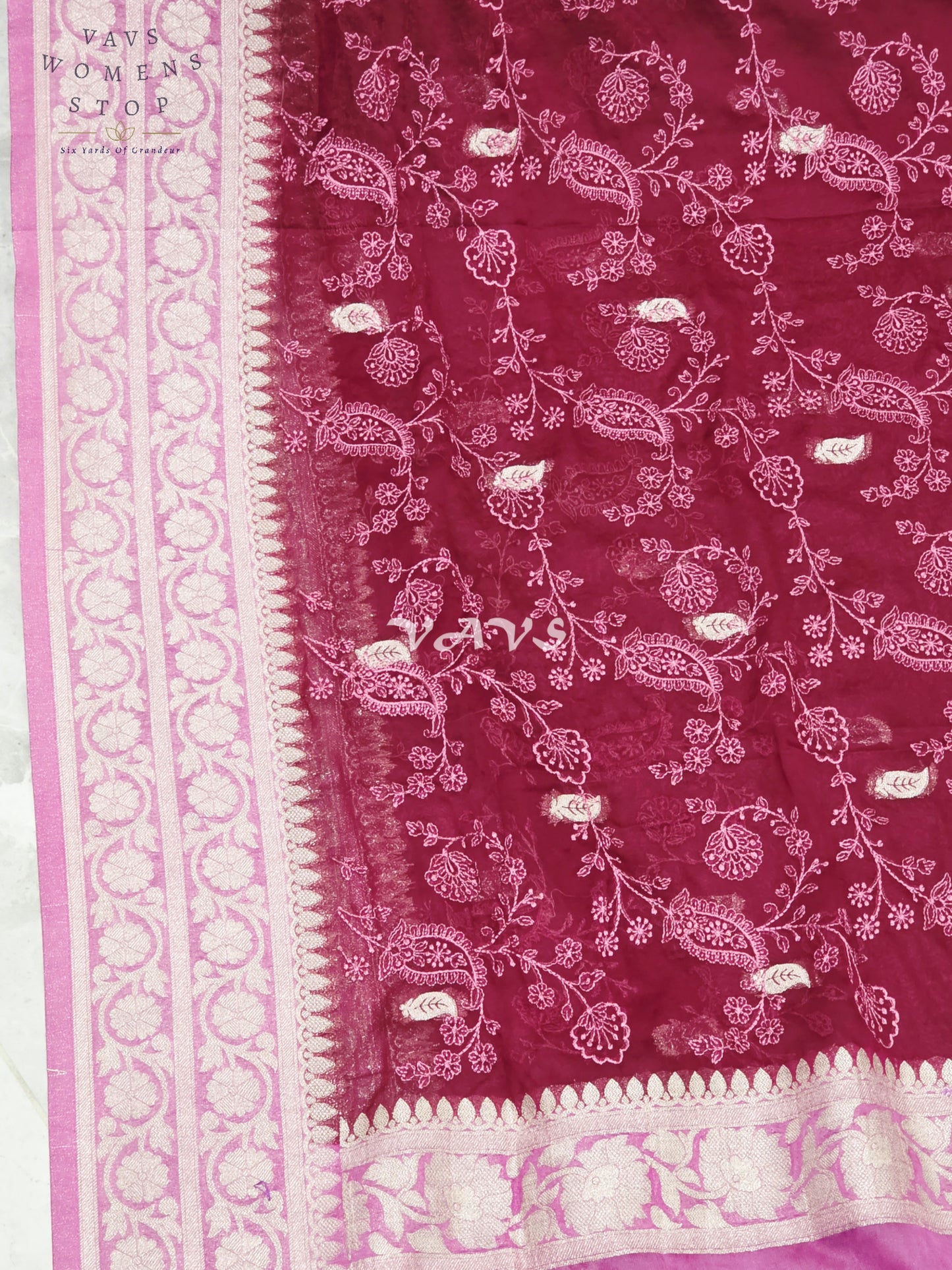 Royal Wine & Orchid Premium Chiffon Saree with All-Over Chikankari Embroidery & Stitched Blouse Size 36-42