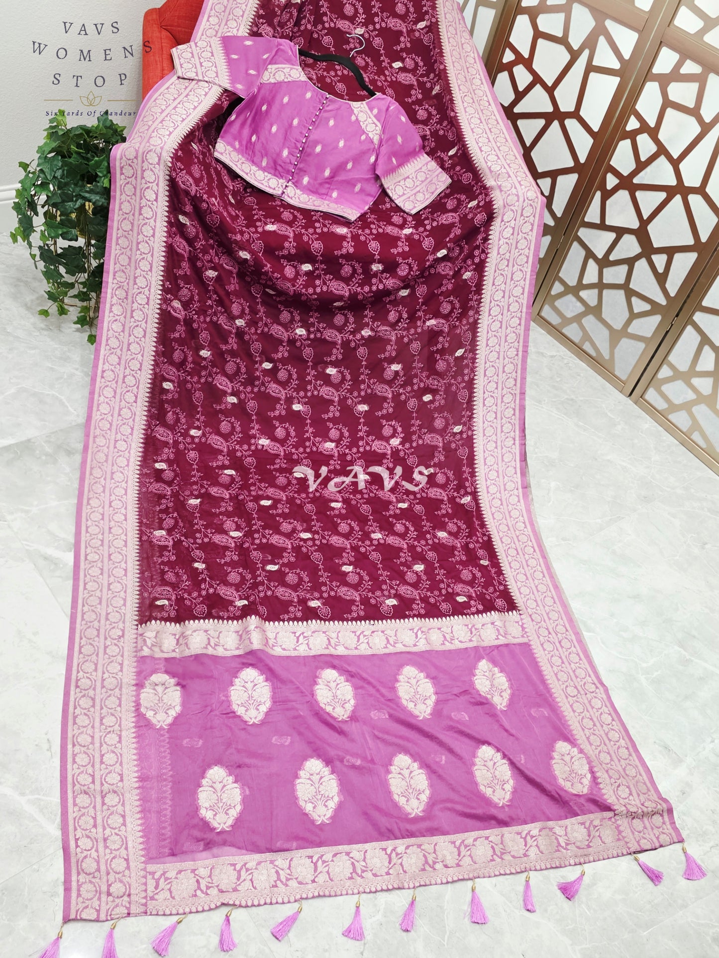 Royal Wine & Orchid Premium Chiffon Saree with All-Over Chikankari Embroidery & Stitched Blouse Size 36-42