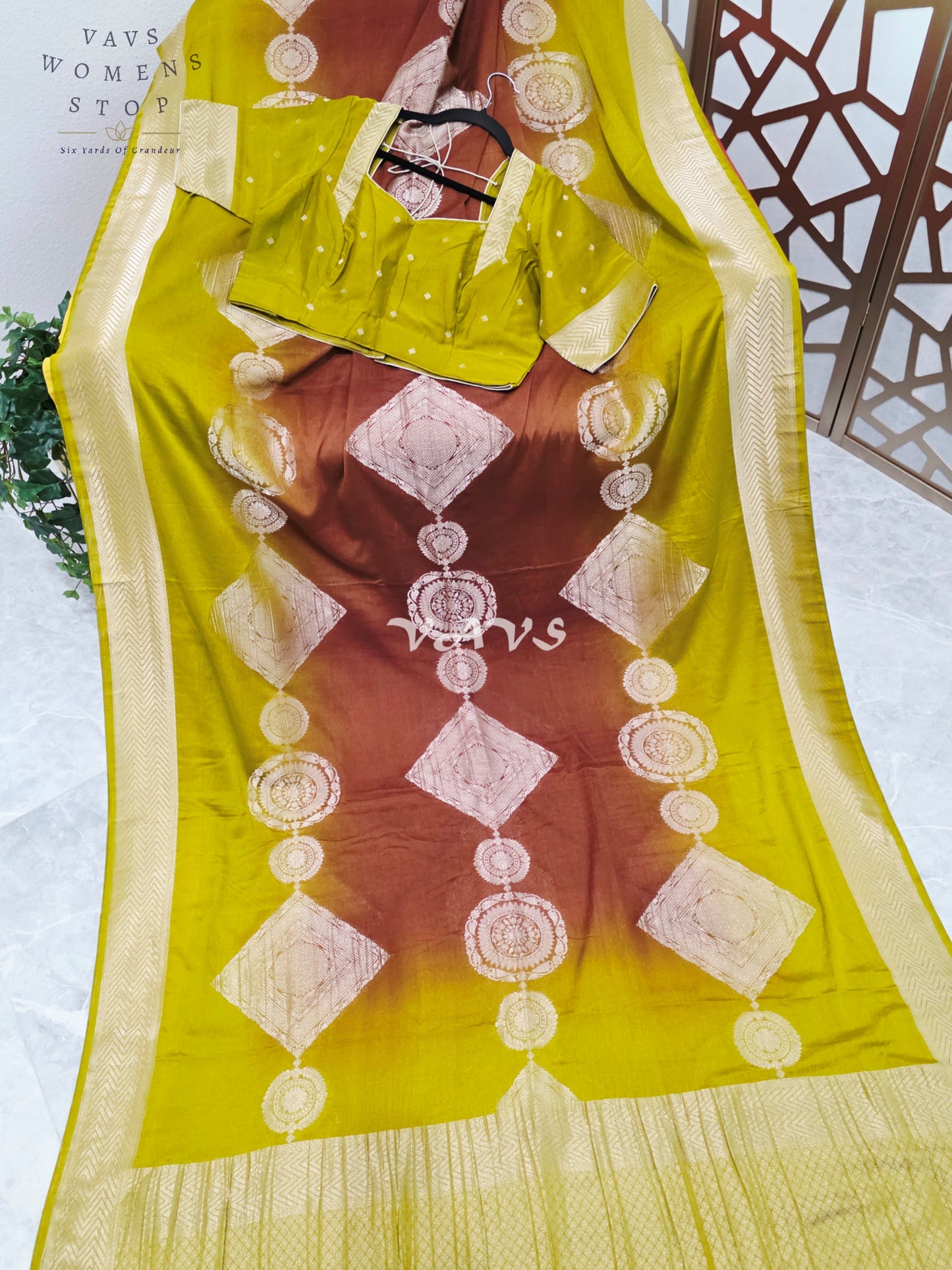 Citron Lime & Cinnamon Brown Shaded Chiffon Saree with Antique Gold Motifs & Stitched Blouse Size 42-48