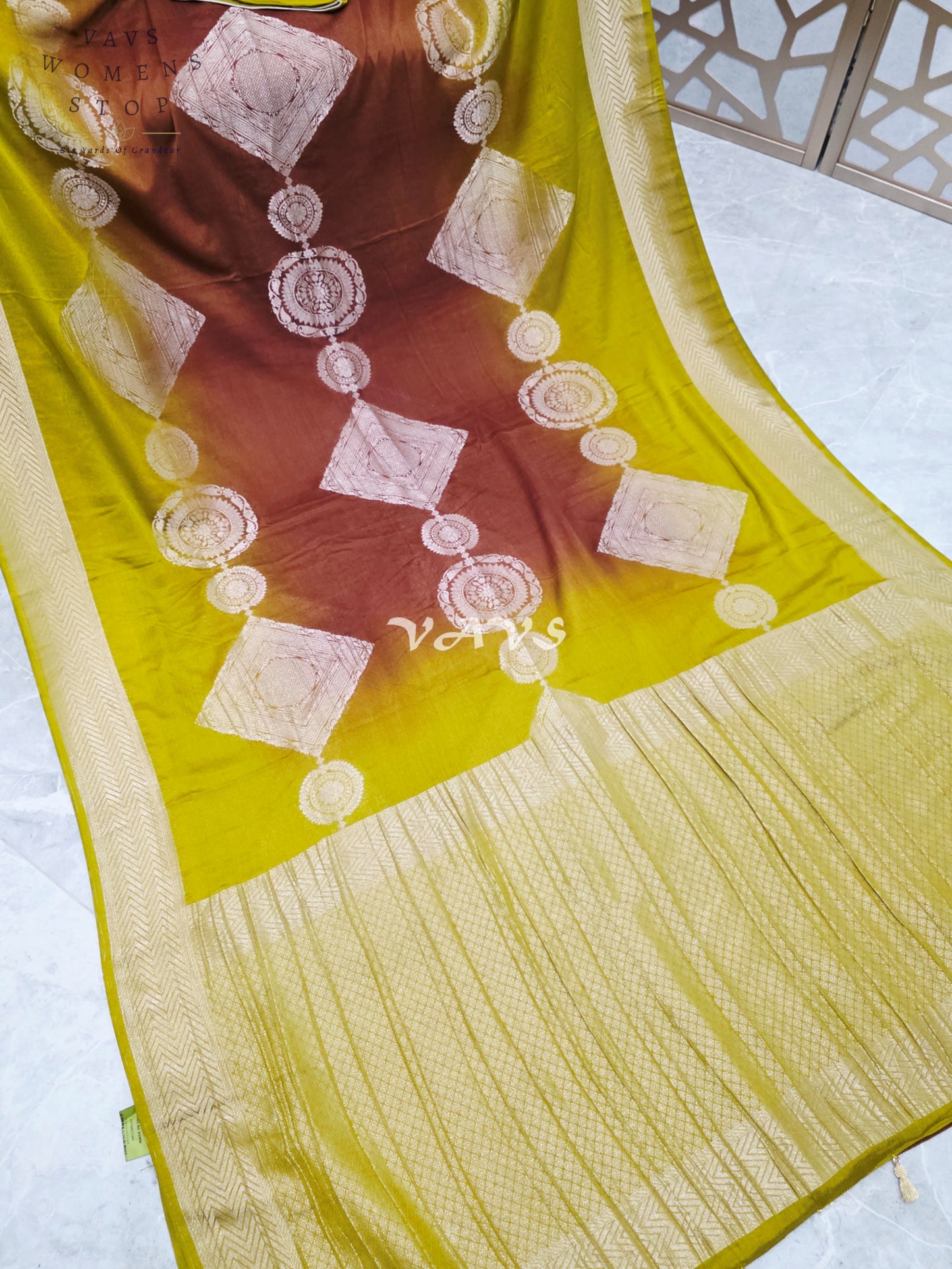 Citron Lime & Cinnamon Brown Shaded Chiffon Saree with Antique Gold Motifs & Stitched Blouse Size 42-48