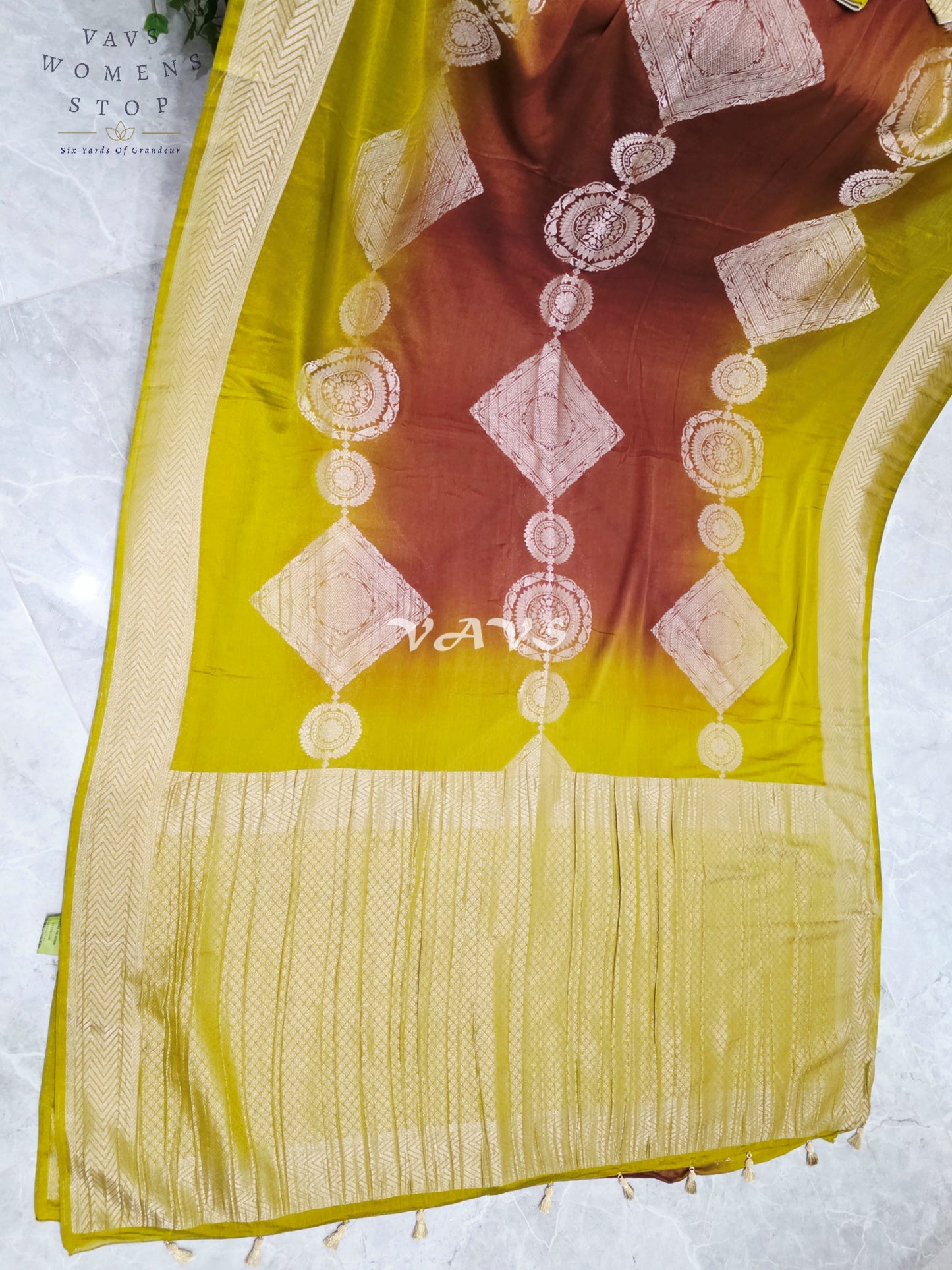 Citron Lime & Cinnamon Brown Shaded Chiffon Saree with Antique Gold Motifs & Stitched Blouse Size 42-48