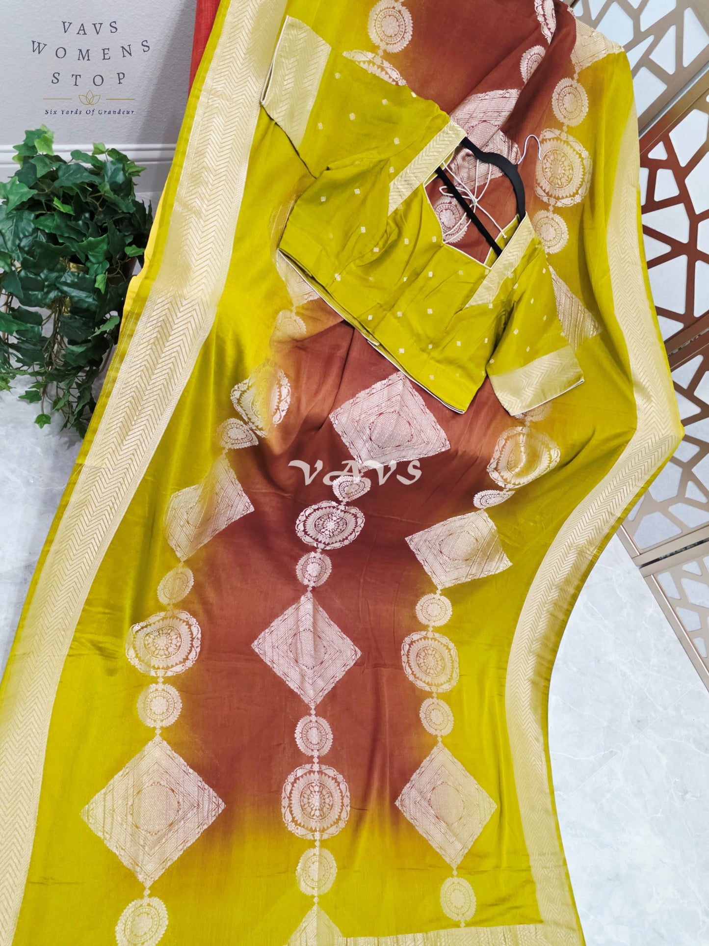 Citron Lime & Cinnamon Brown Shaded Chiffon Saree with Antique Gold Motifs & Stitched Blouse Size 42-48