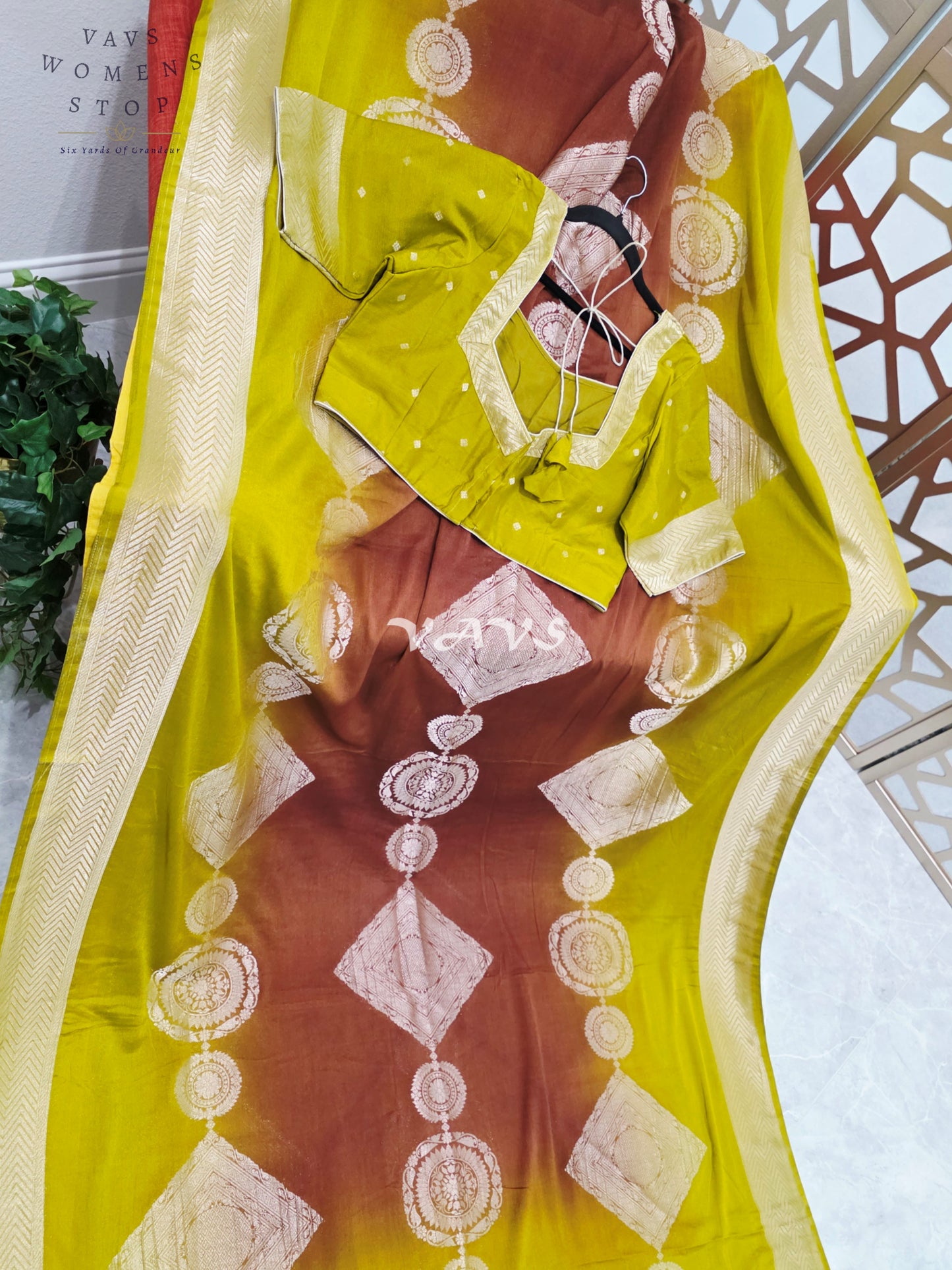 Citron Lime & Cinnamon Brown Shaded Chiffon Saree with Antique Gold Motifs & Stitched Blouse Size 42-48