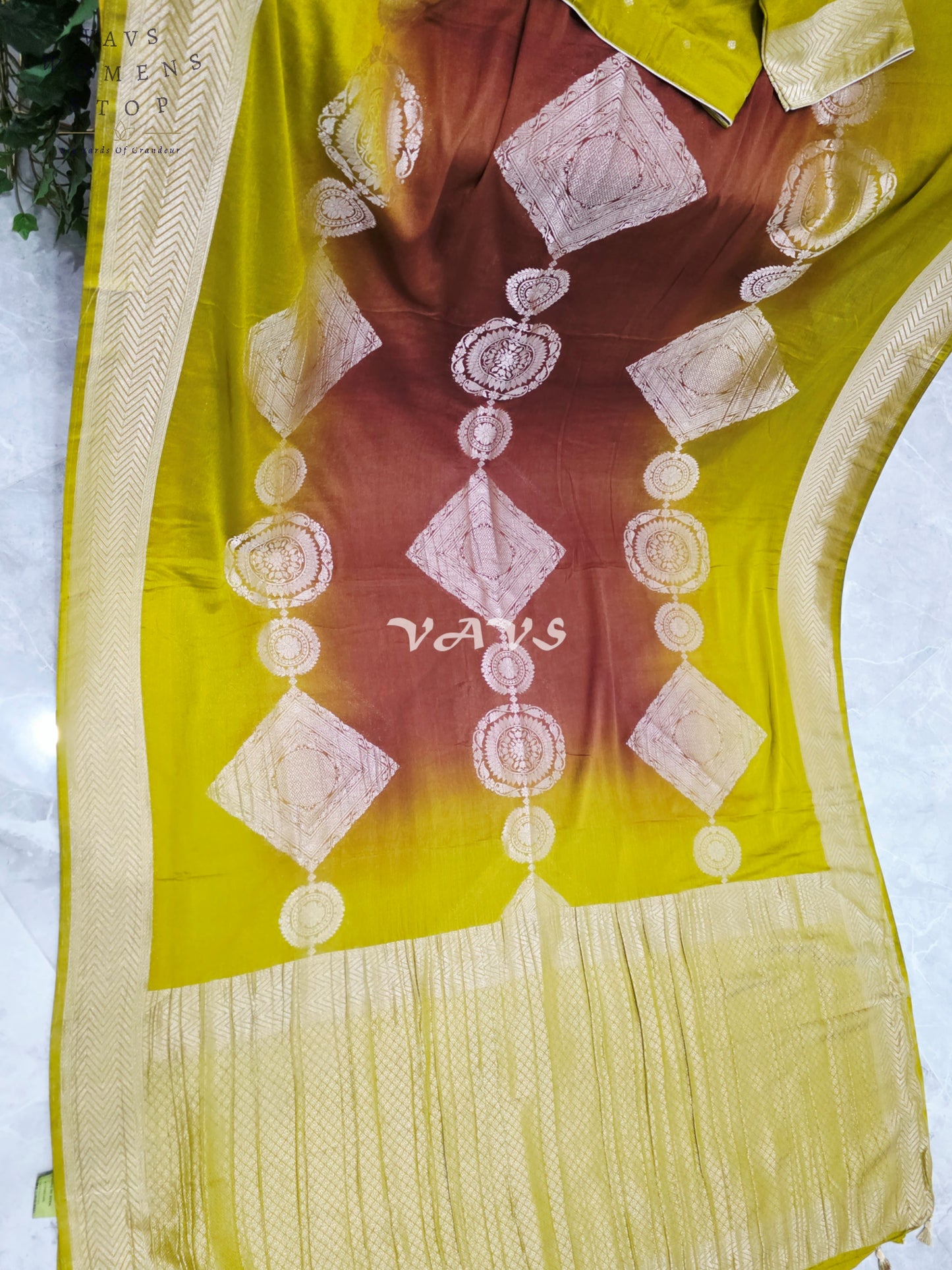 Citron Lime & Cinnamon Brown Shaded Chiffon Saree with Antique Gold Motifs & Stitched Blouse Size 42-48