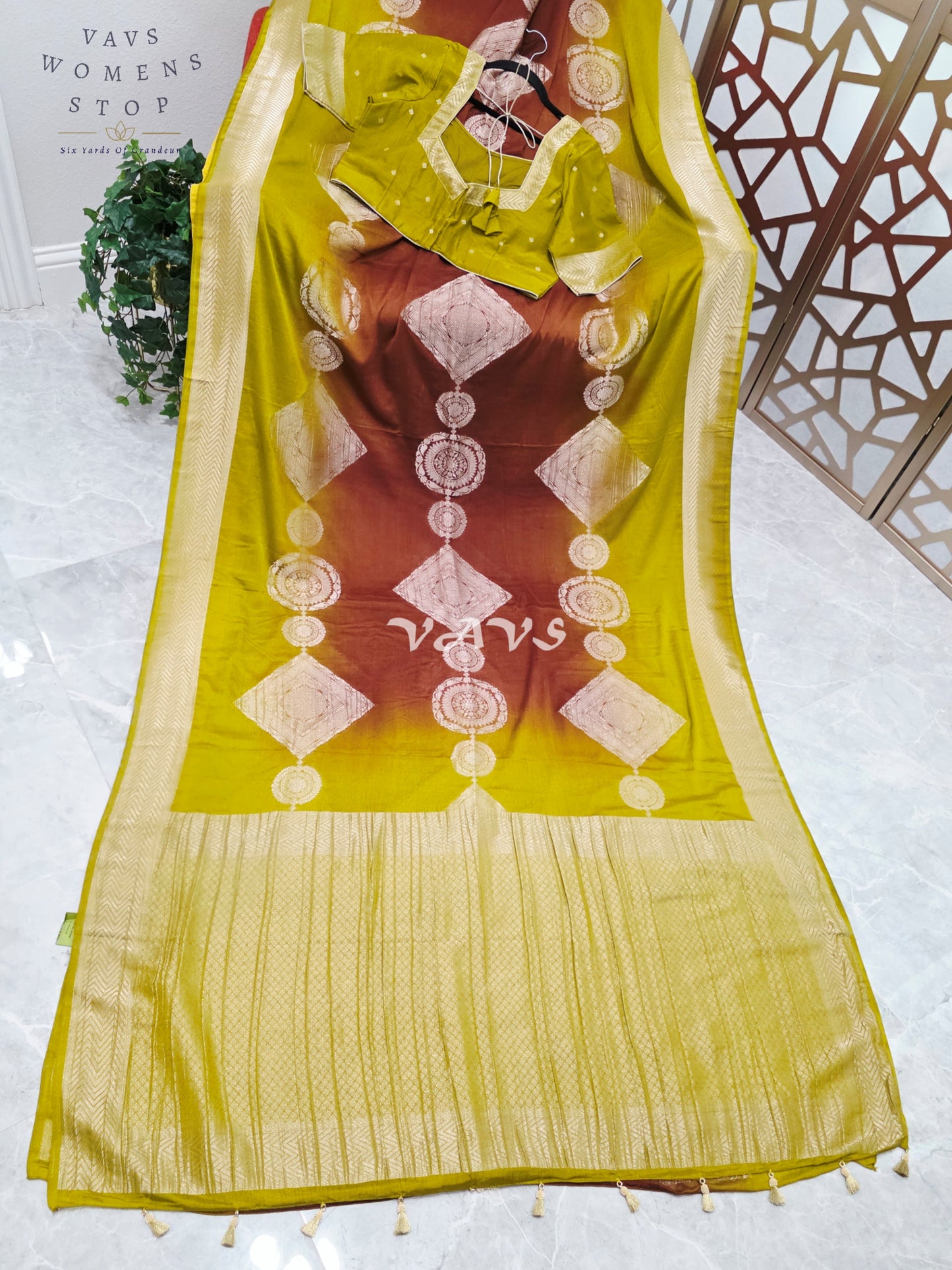 Citron Lime & Cinnamon Brown Shaded Chiffon Saree with Antique Gold Motifs & Stitched Blouse Size 42-48