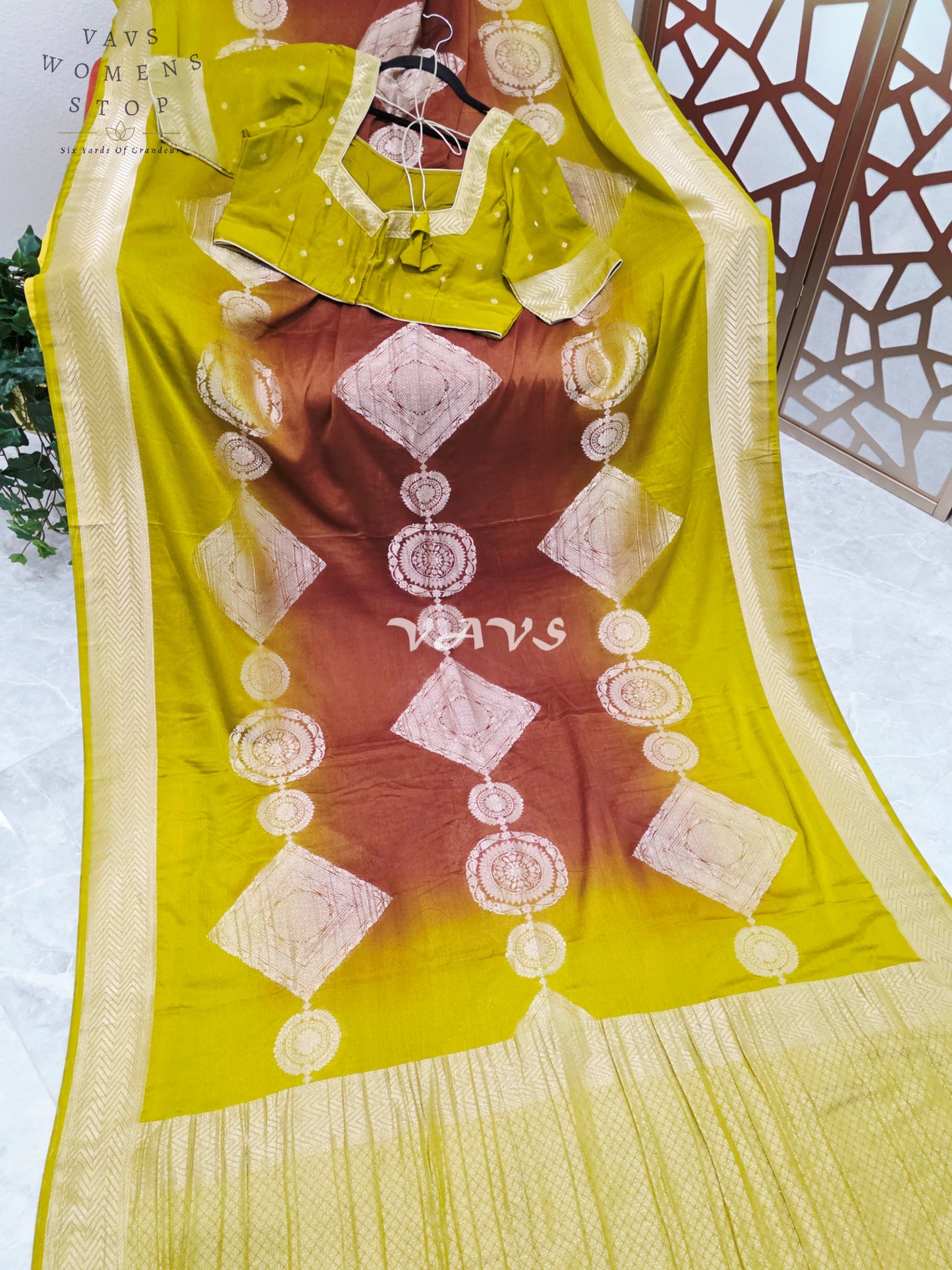 Citron Lime & Cinnamon Brown Shaded Chiffon Saree with Antique Gold Motifs & Stitched Blouse Size 42-48