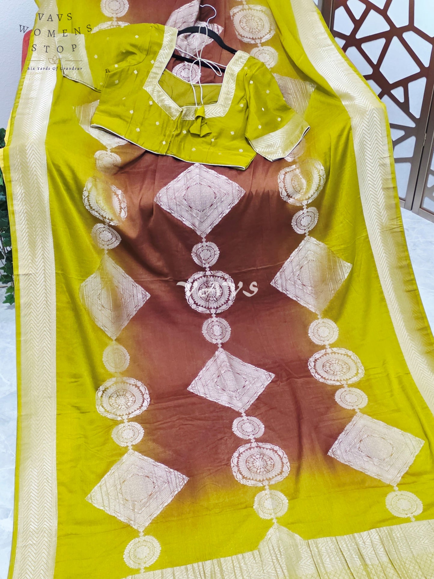 Citron Lime & Cinnamon Brown Shaded Chiffon Saree with Antique Gold Motifs & Stitched Blouse Size 42-48