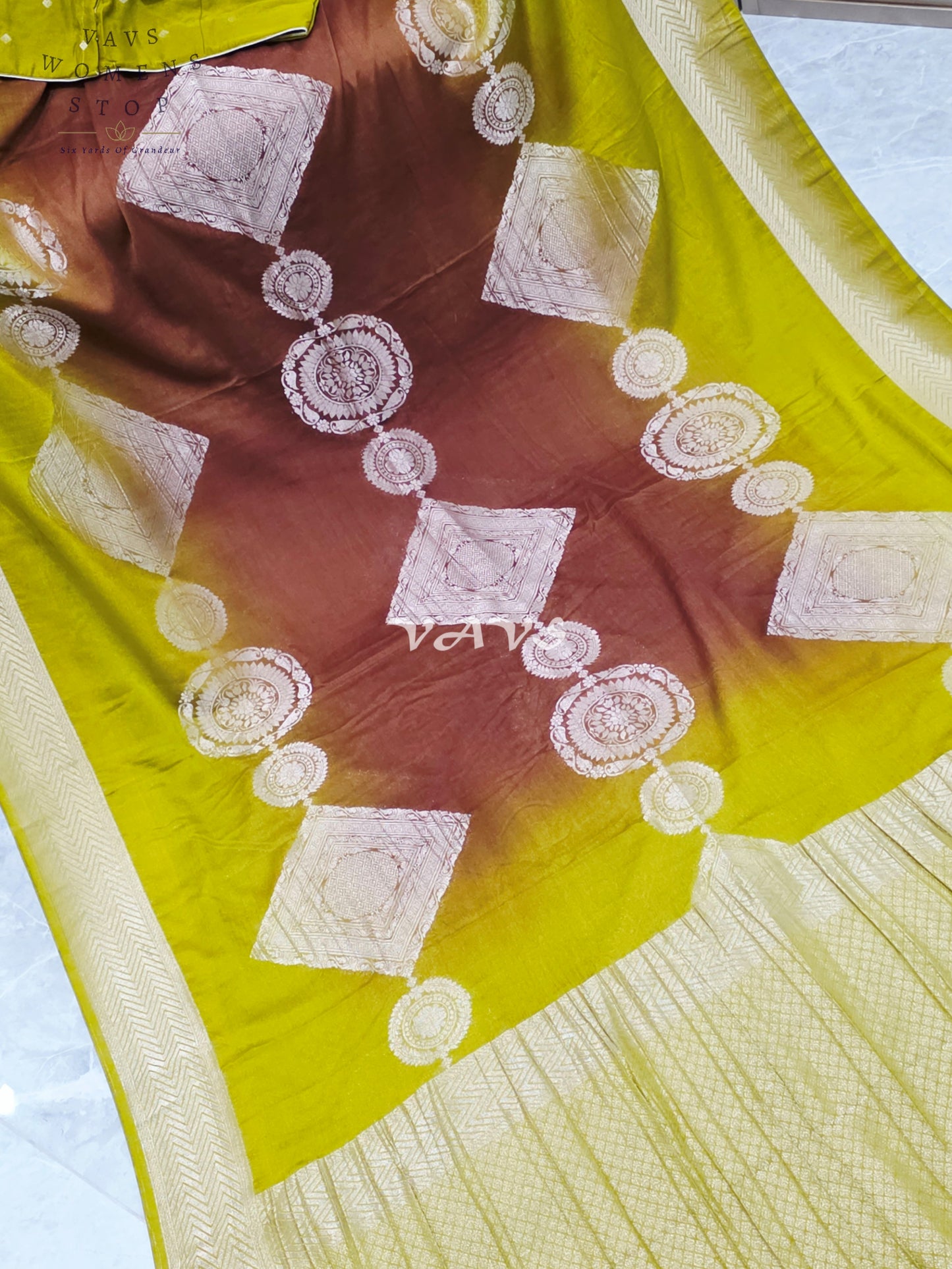 Citron Lime & Cinnamon Brown Shaded Chiffon Saree with Antique Gold Motifs & Stitched Blouse Size 42-48