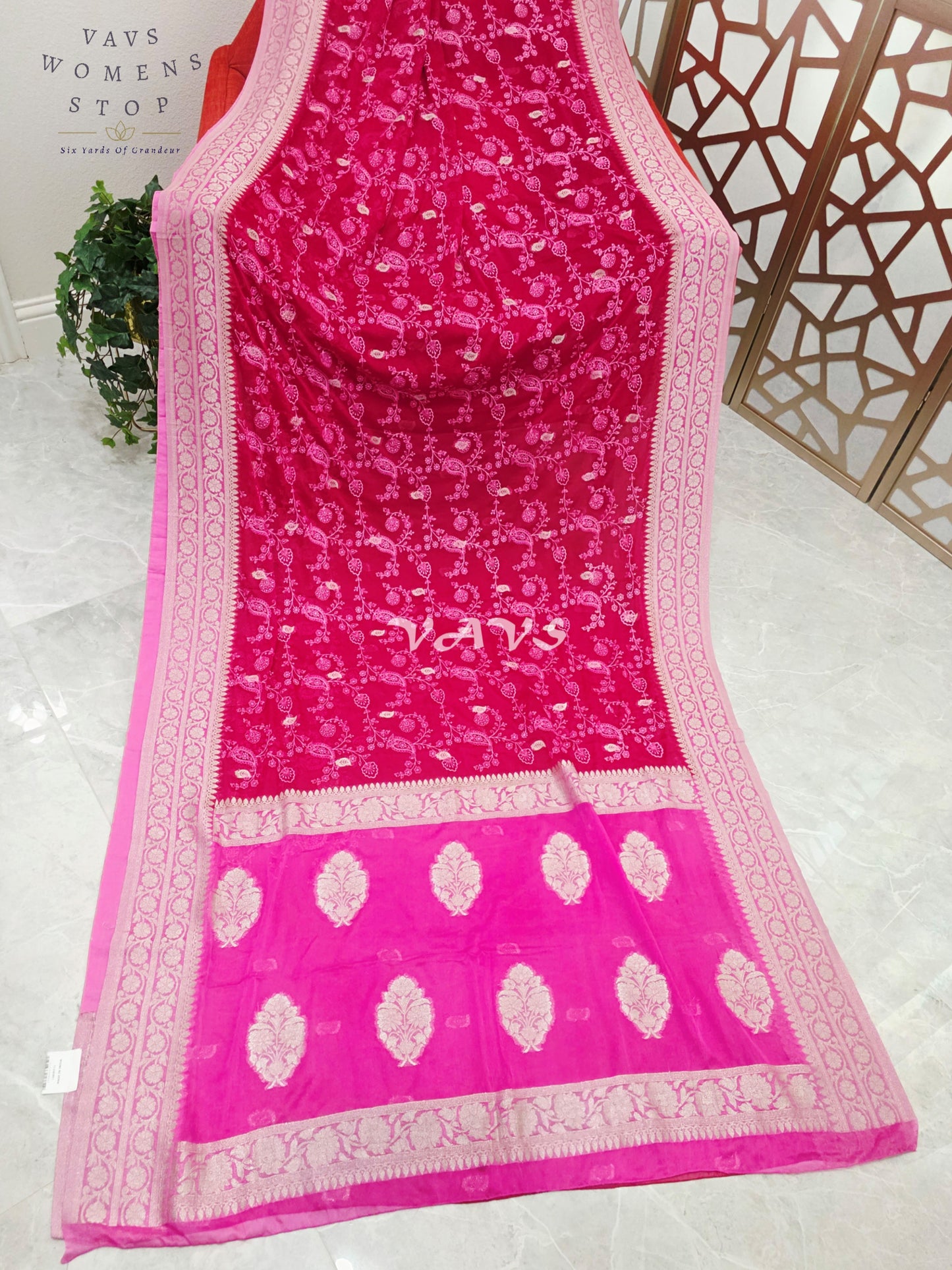 Royal Rani Pink Premium Chiffon Chikankari Saree with Hot Pink Pallu & Stitched Blouse Size 40-46