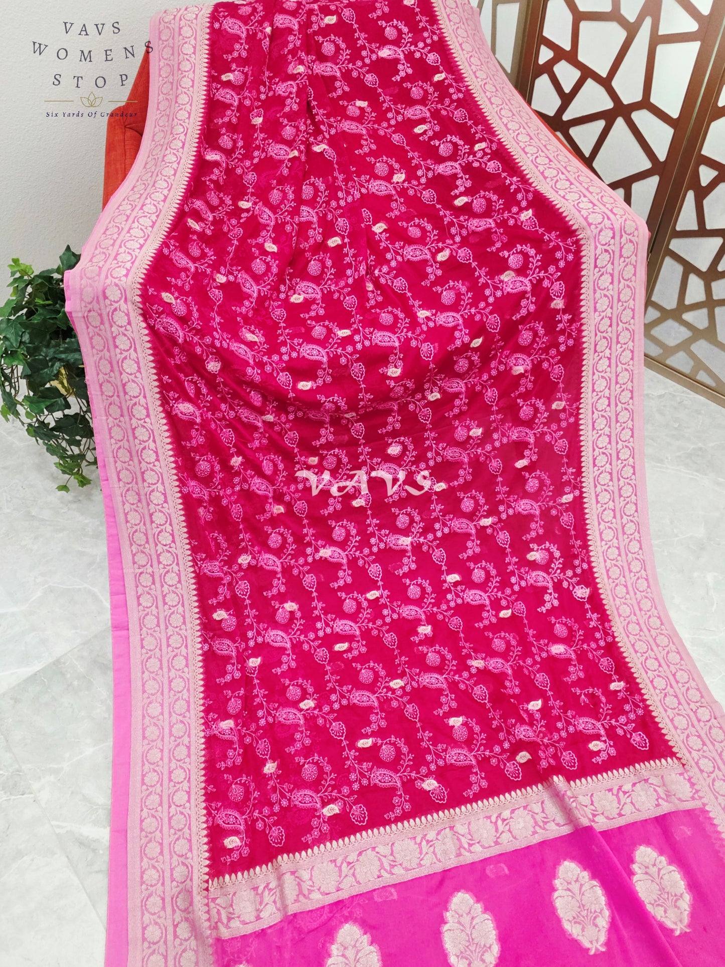 Royal Rani Pink Premium Chiffon Chikankari Saree with Hot Pink Pallu & Stitched Blouse Size 40-46
