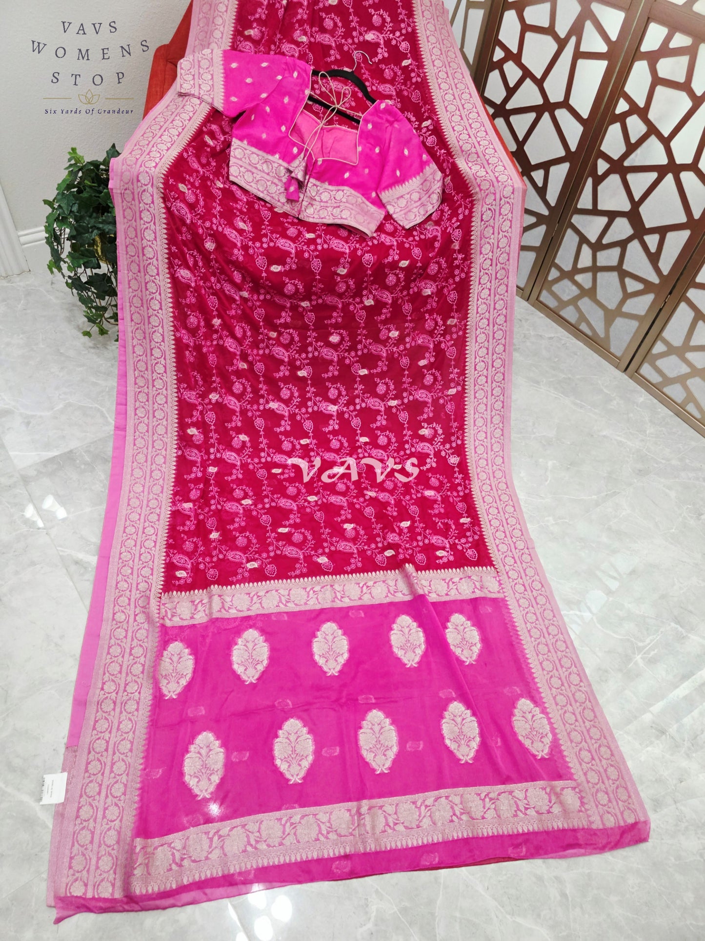 Royal Rani Pink Premium Chiffon Chikankari Saree with Hot Pink Pallu & Stitched Blouse Size 40-46