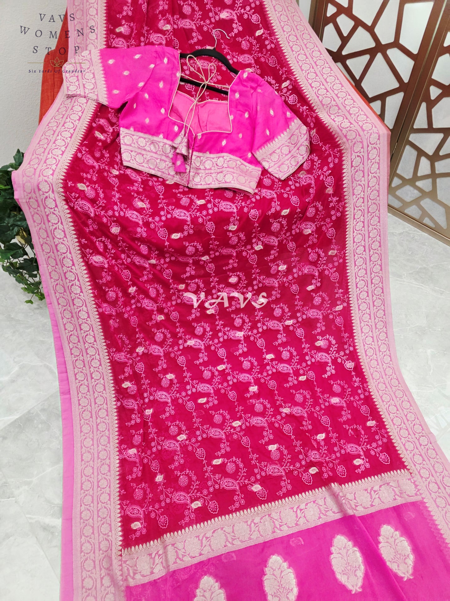 Royal Rani Pink Premium Chiffon Chikankari Saree with Hot Pink Pallu & Stitched Blouse Size 40-46