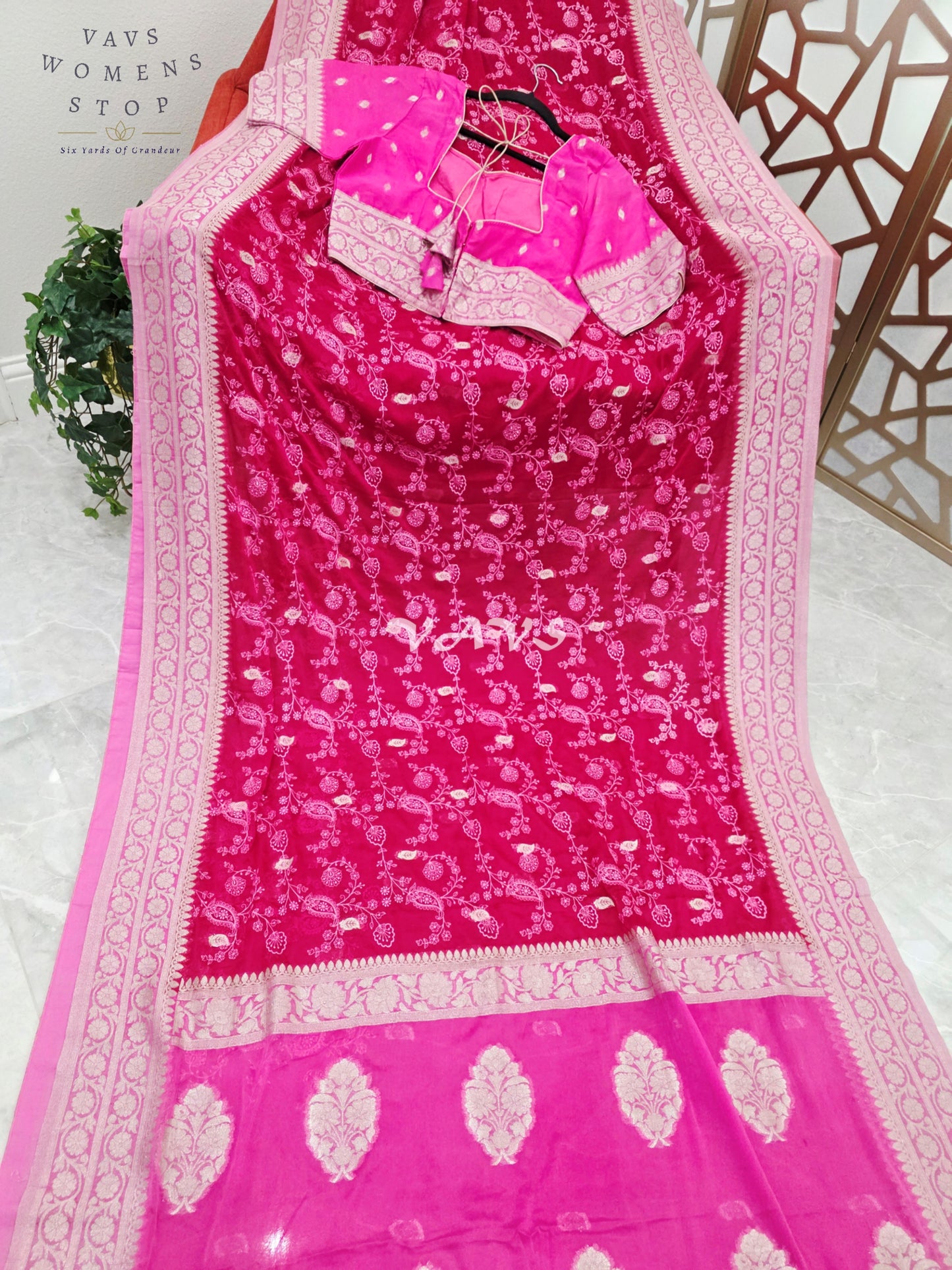 Royal Rani Pink Premium Chiffon Chikankari Saree with Hot Pink Pallu & Stitched Blouse Size 40-46