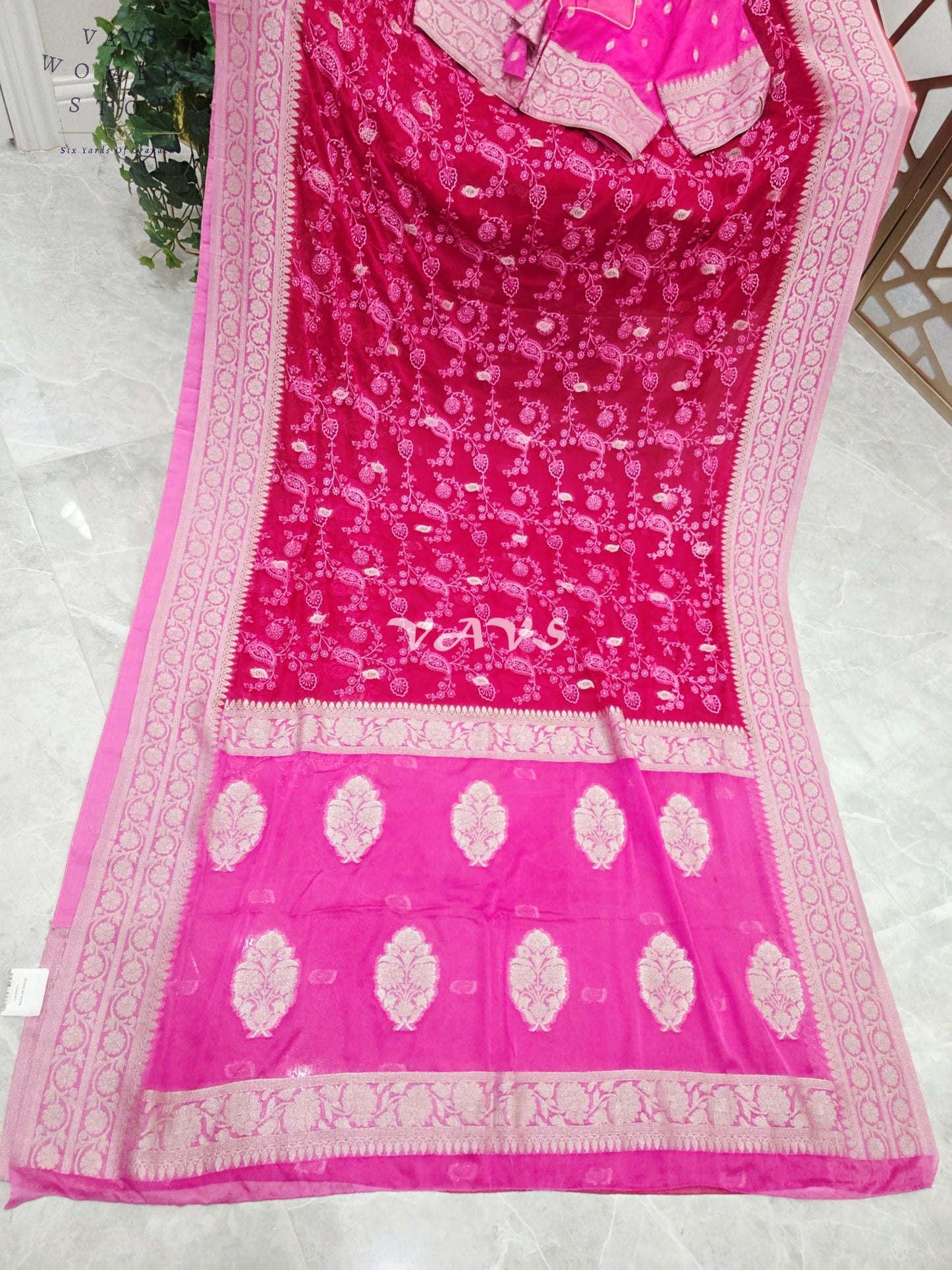Royal Rani Pink Premium Chiffon Chikankari Saree with Hot Pink Pallu & Stitched Blouse Size 40-46