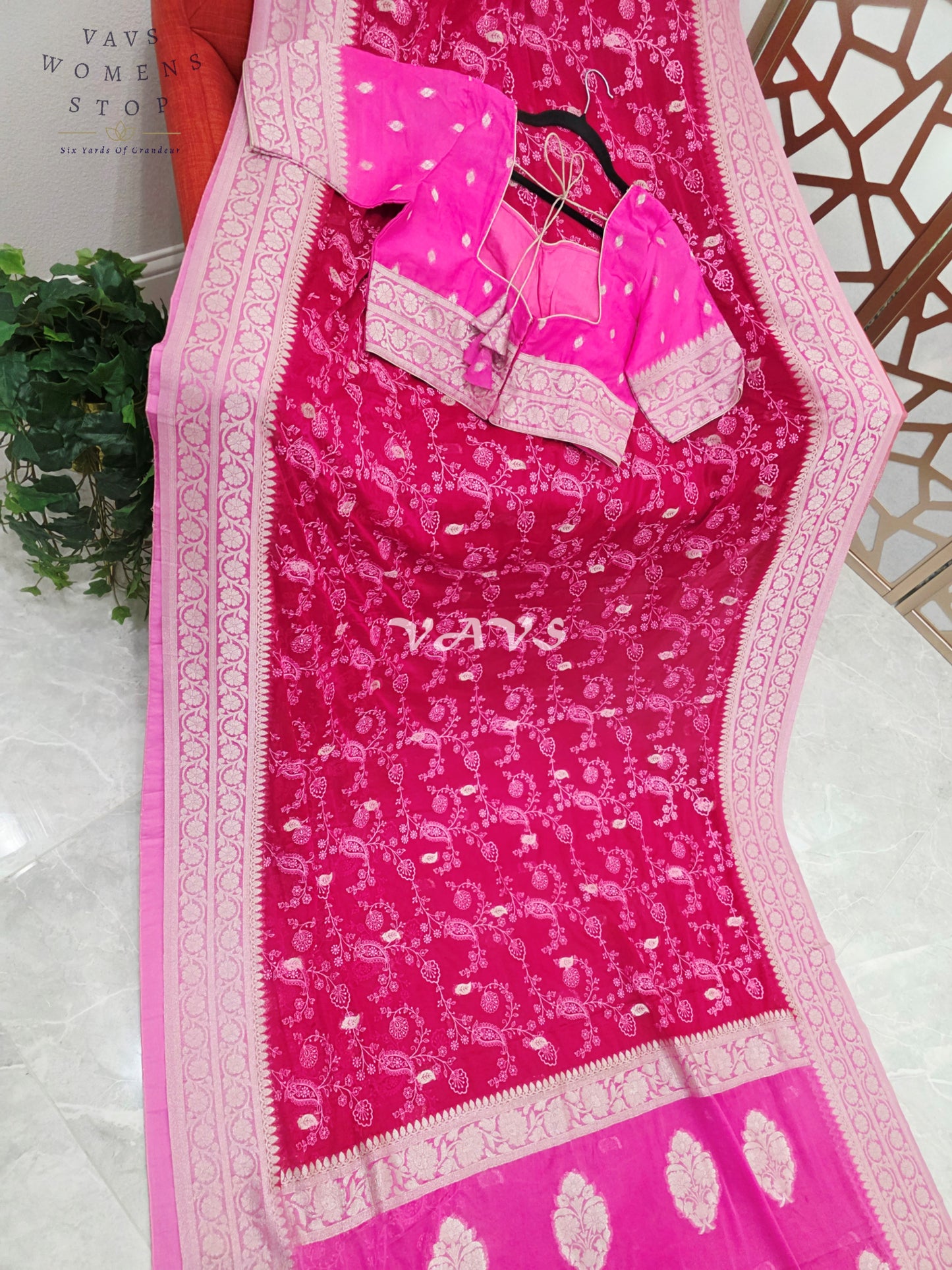 Royal Rani Pink Premium Chiffon Chikankari Saree with Hot Pink Pallu & Stitched Blouse Size 40-46
