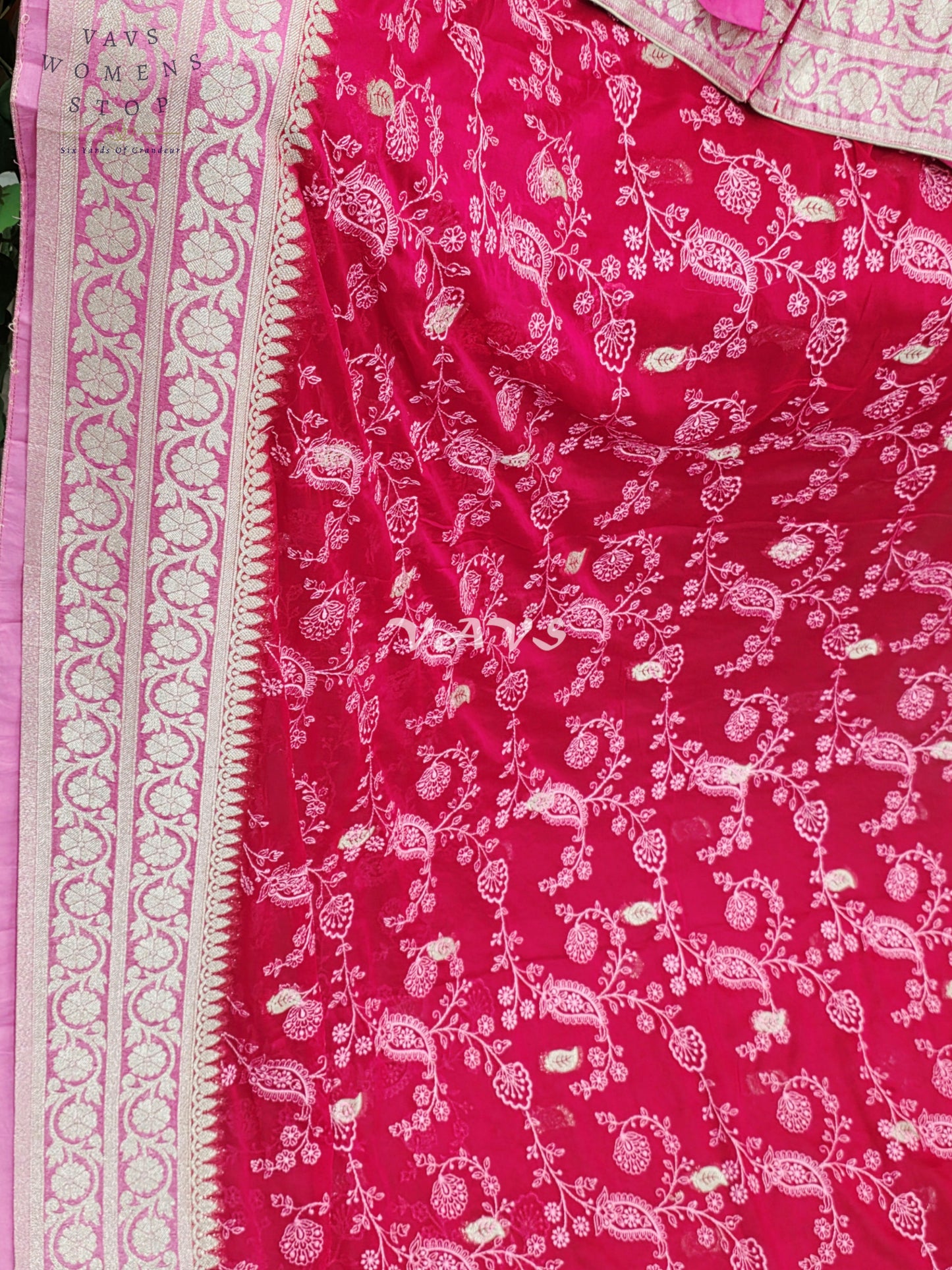 Royal Rani Pink Premium Chiffon Chikankari Saree with Hot Pink Pallu & Stitched Blouse Size 40-46