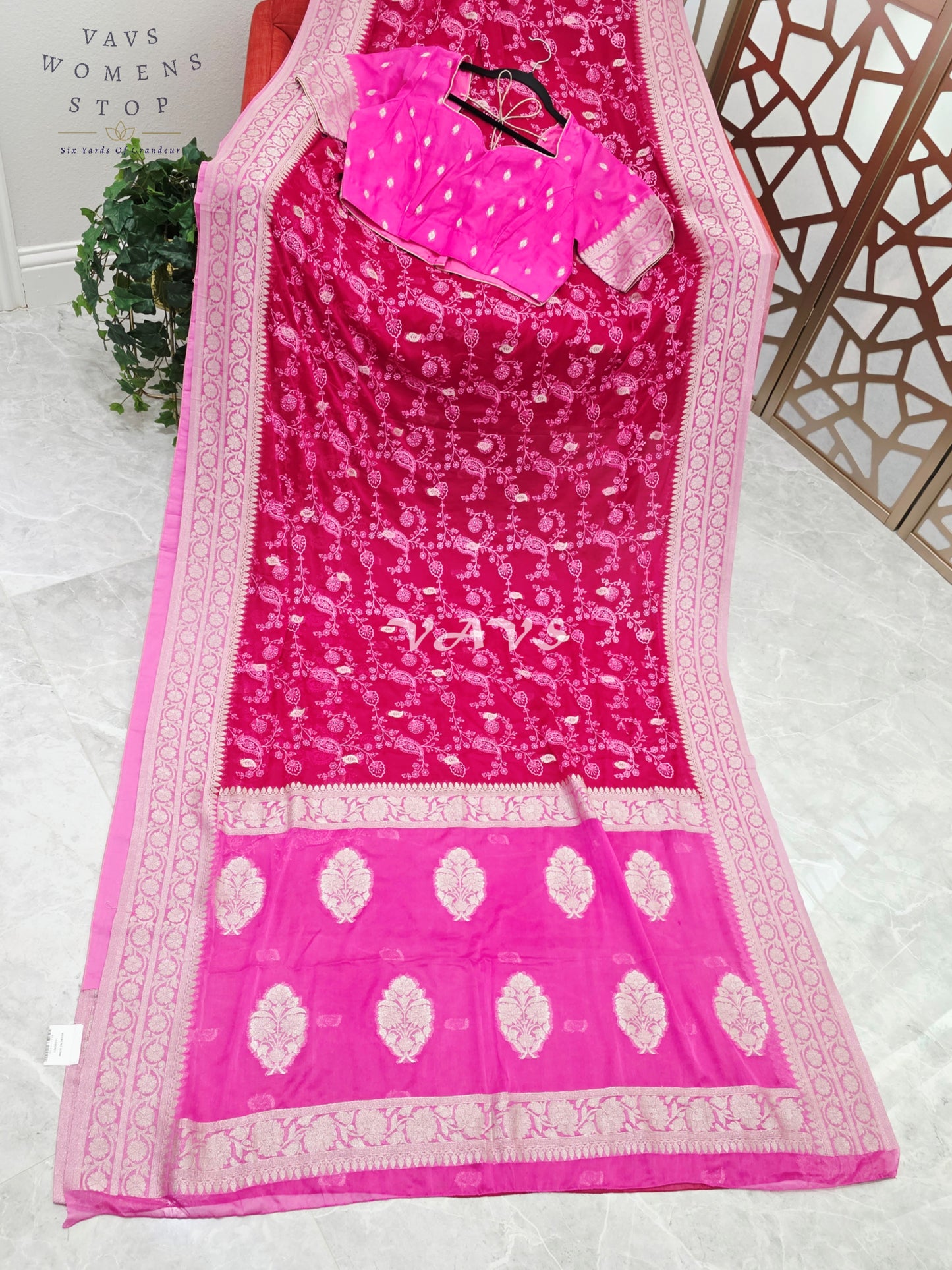 Royal Rani Pink Premium Chiffon Chikankari Saree with Hot Pink Pallu & Stitched Blouse Size 40-46