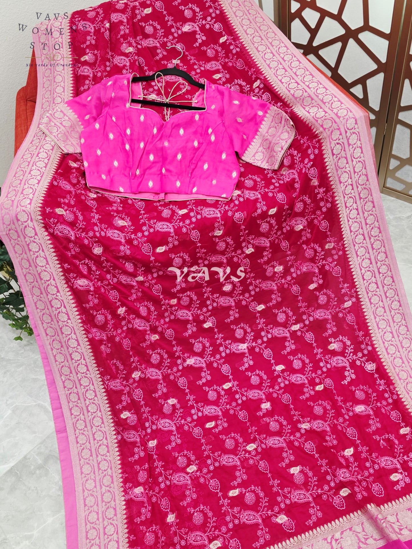 Royal Rani Pink Premium Chiffon Chikankari Saree with Hot Pink Pallu & Stitched Blouse Size 40-46