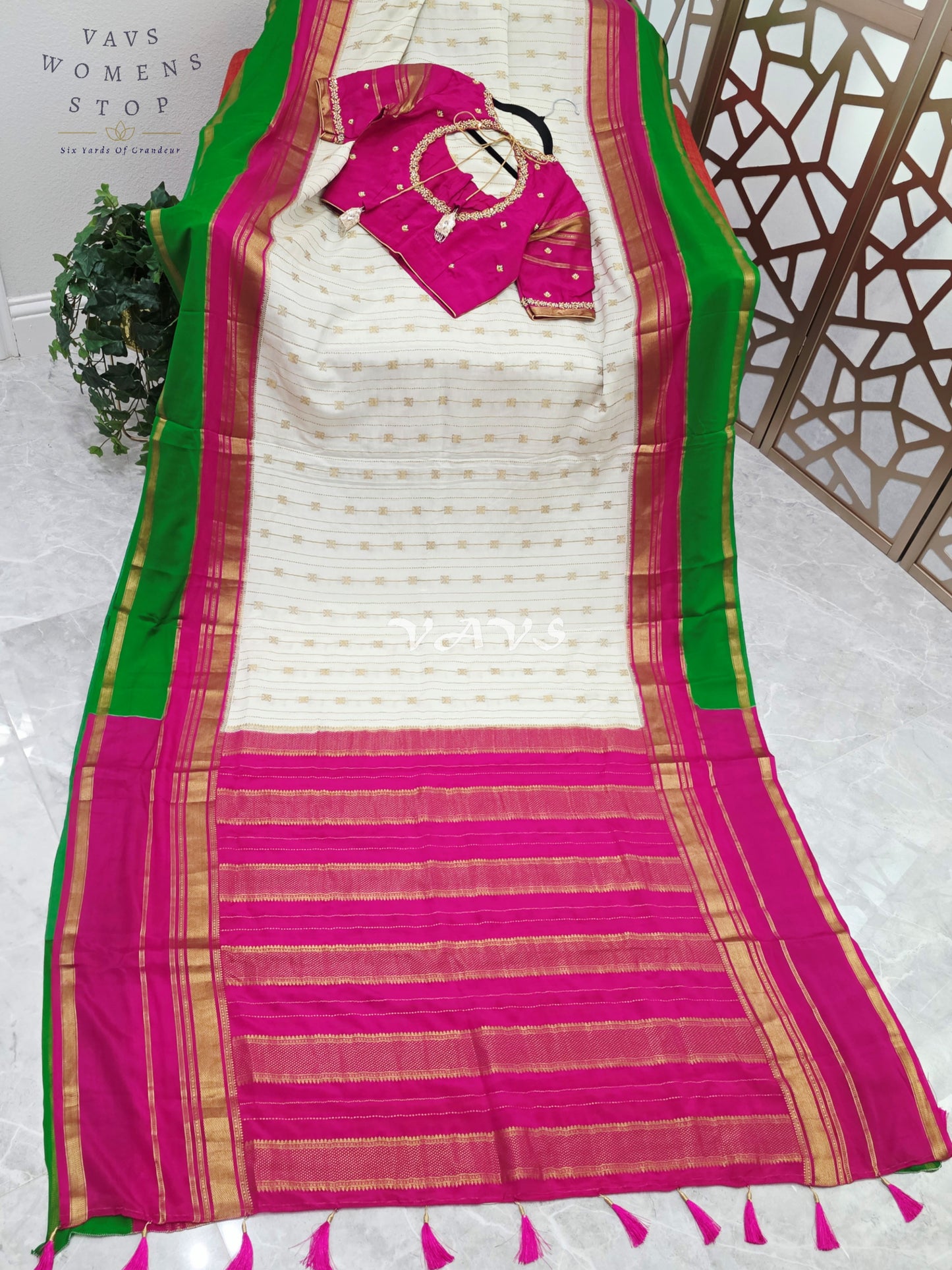 Ivory Pearl Pure Mysore Crepe Silk 120 GSM Saree with Emerald Border & Fuchsia Maggam Blouse Size 34-40