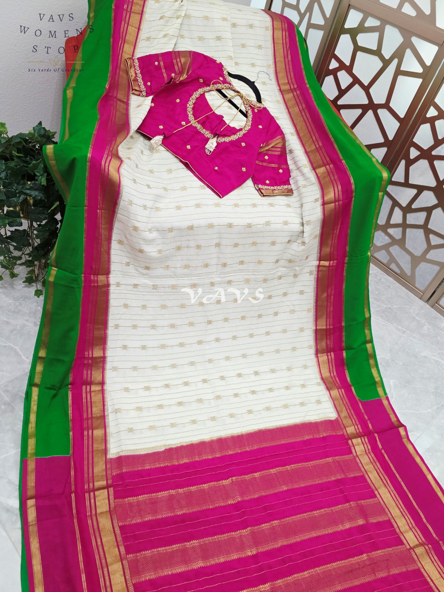 Ivory Pearl Pure Mysore Crepe Silk 120 GSM Saree with Emerald Border & Fuchsia Maggam Blouse Size 34-40