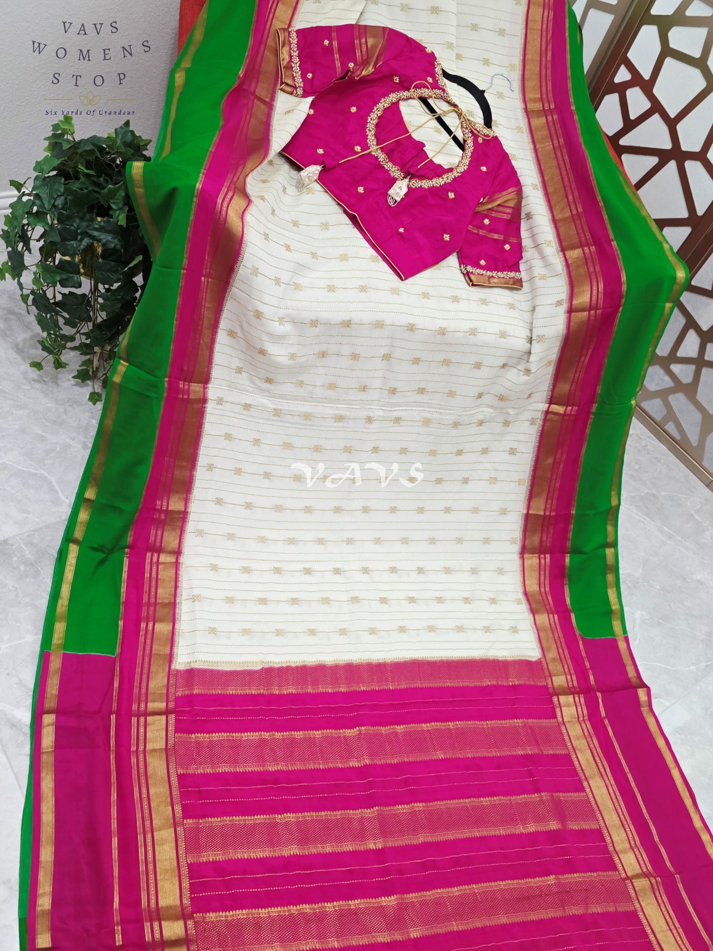 Ivory Pearl Pure Mysore Crepe Silk 120 GSM Saree with Emerald Border & Fuchsia Maggam Blouse Size 34-40