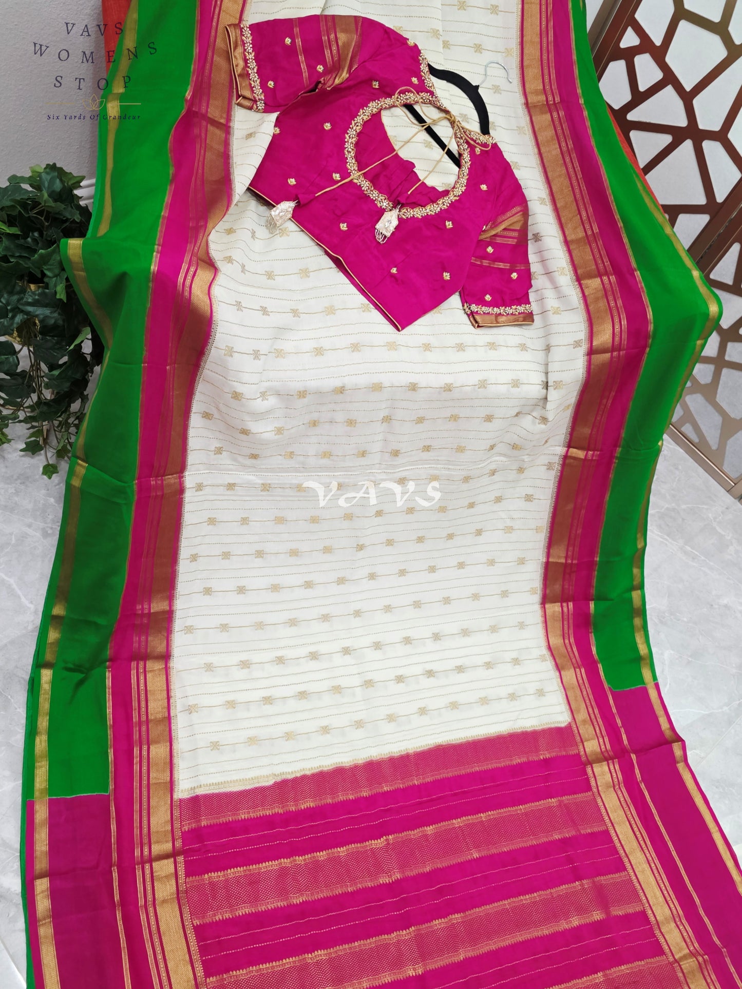 Ivory Pearl Pure Mysore Crepe Silk 120 GSM Saree with Emerald Border & Fuchsia Maggam Blouse Size 34-40