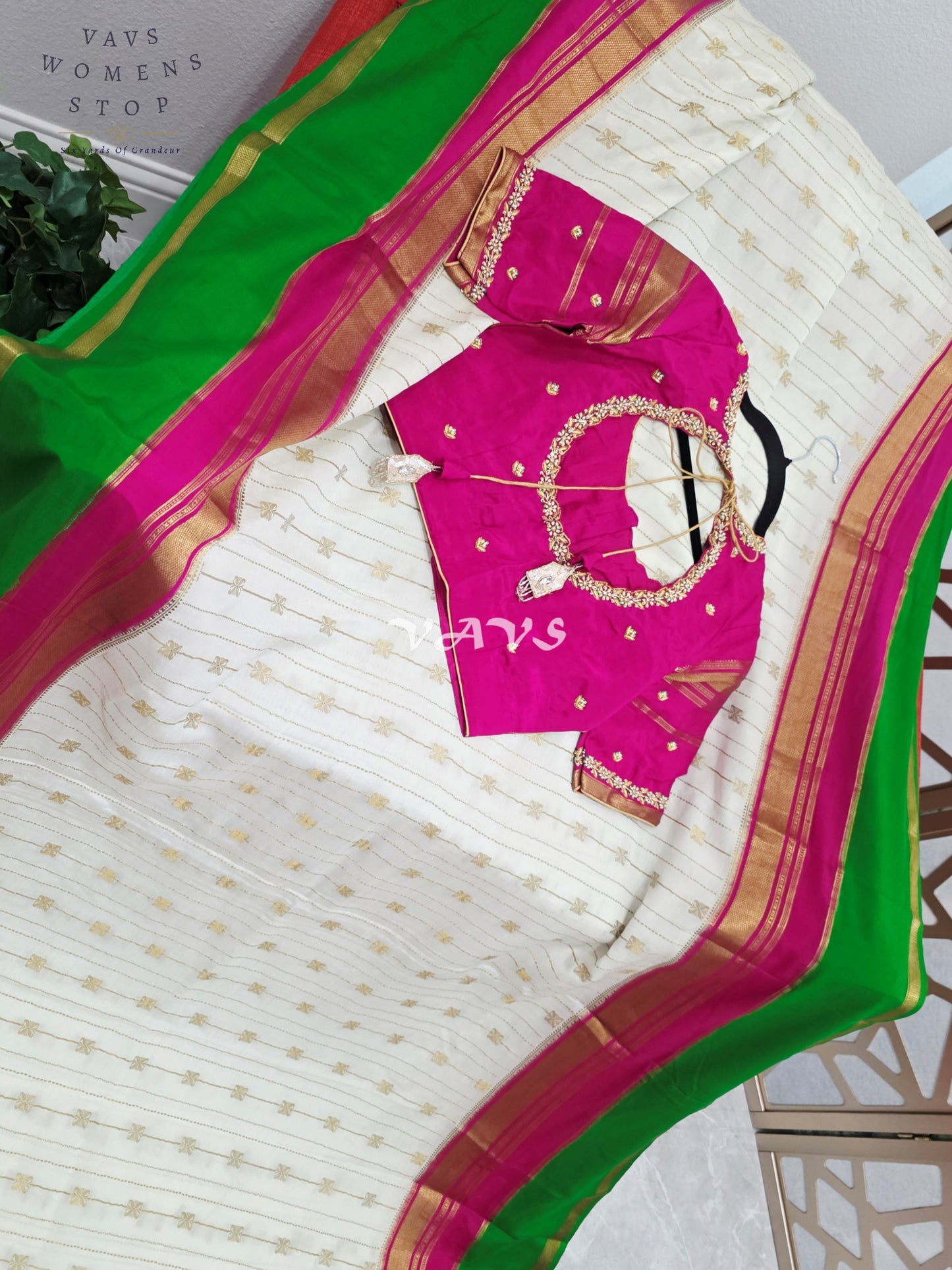 Ivory Pearl Pure Mysore Crepe Silk 120 GSM Saree with Emerald Border & Fuchsia Maggam Blouse Size 34-40