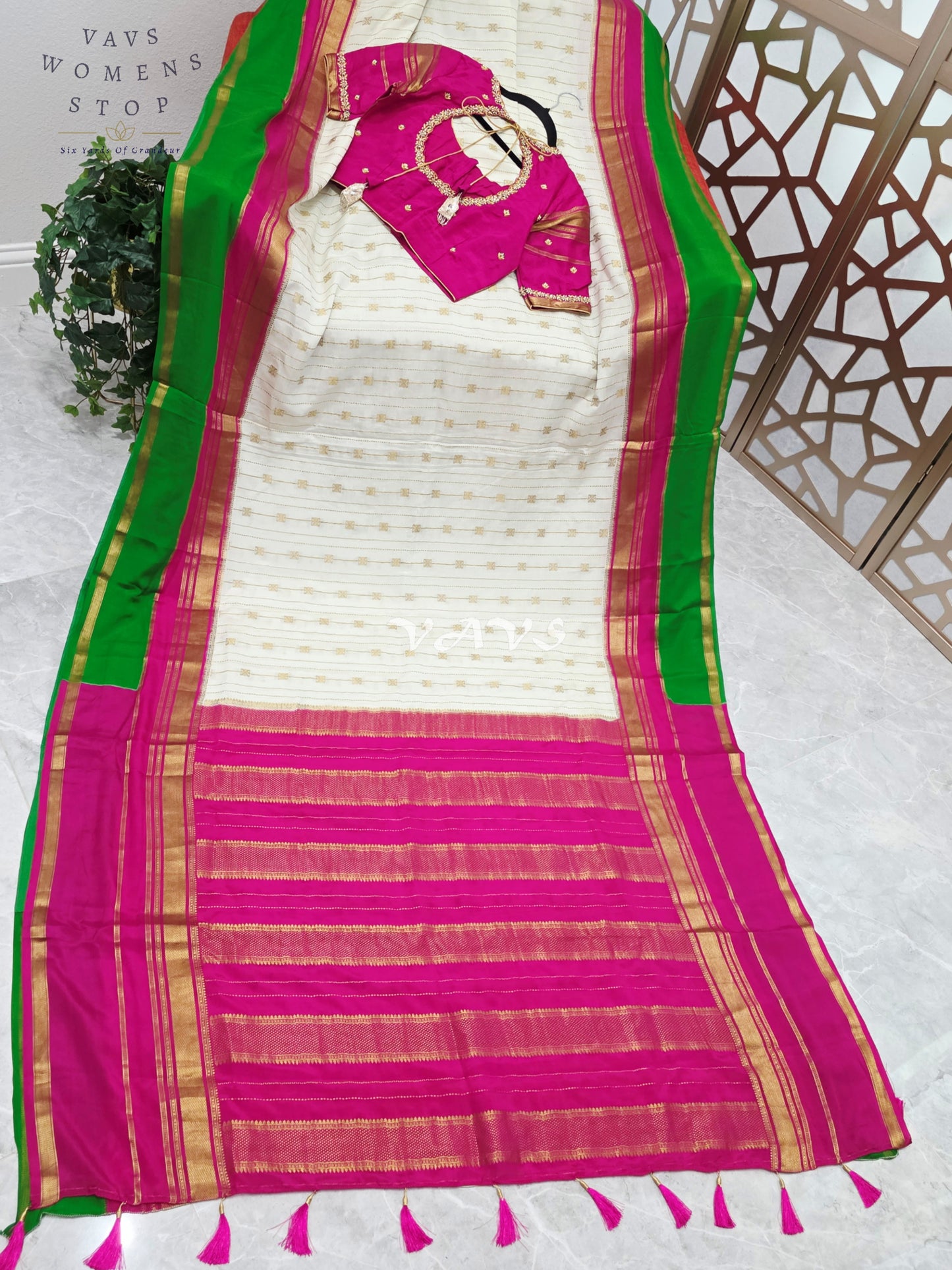 Ivory Pearl Pure Mysore Crepe Silk 120 GSM Saree with Emerald Border & Fuchsia Maggam Blouse Size 34-40