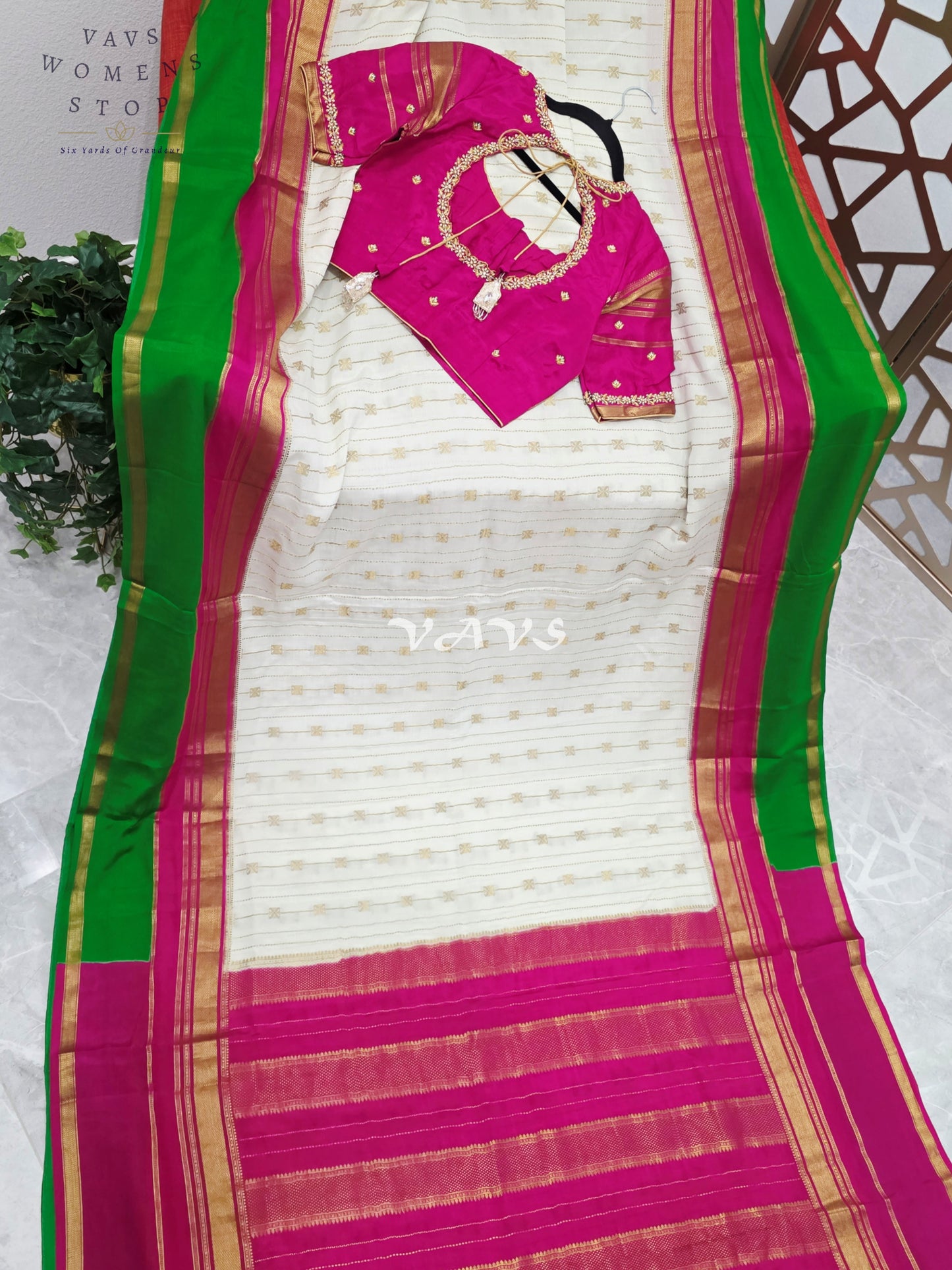 Ivory Pearl Pure Mysore Crepe Silk 120 GSM Saree with Emerald Border & Fuchsia Maggam Blouse Size 34-40