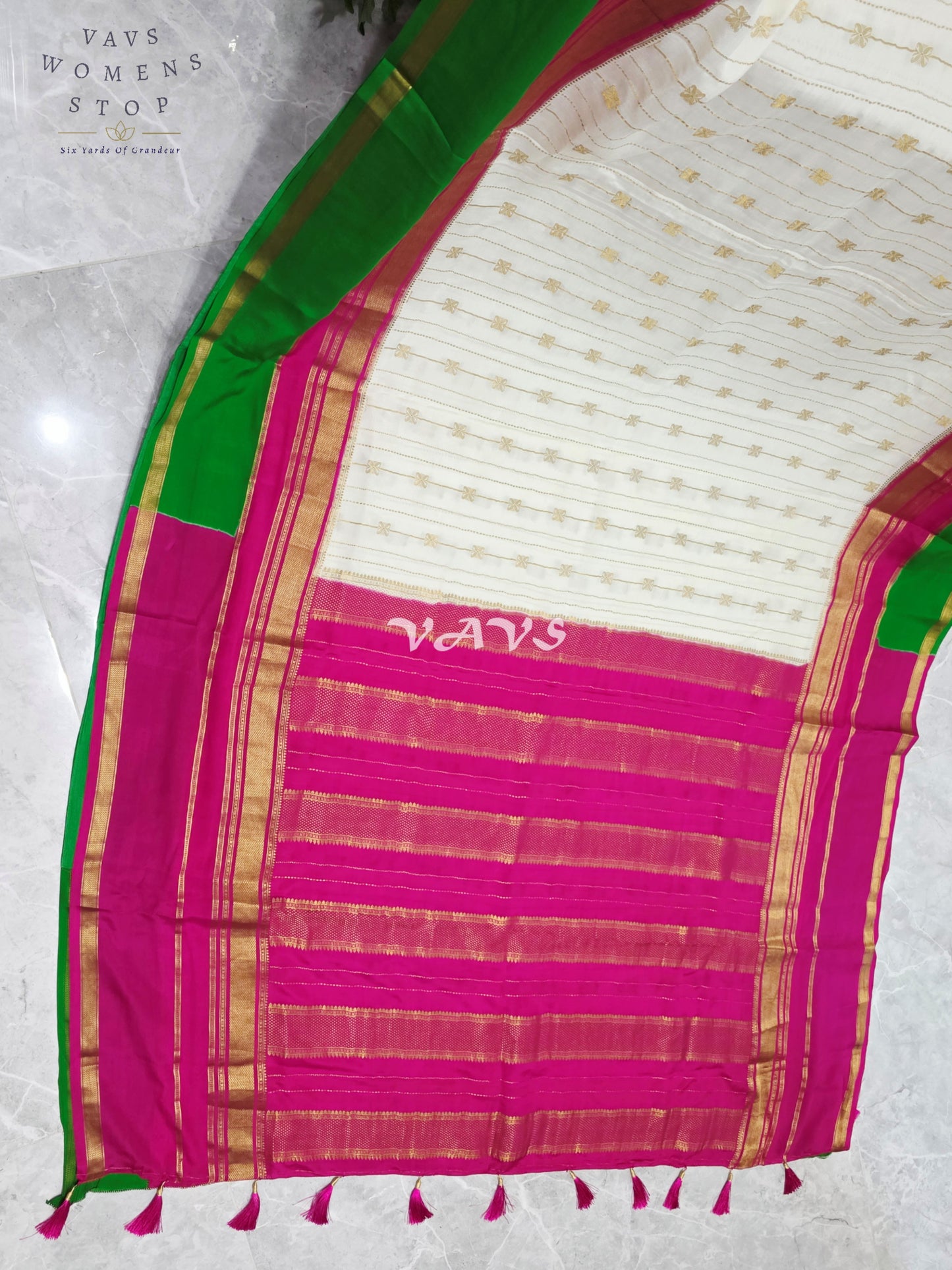 Ivory Pearl Pure Mysore Crepe Silk 120 GSM Saree with Emerald Border & Fuchsia Maggam Blouse Size 34-40