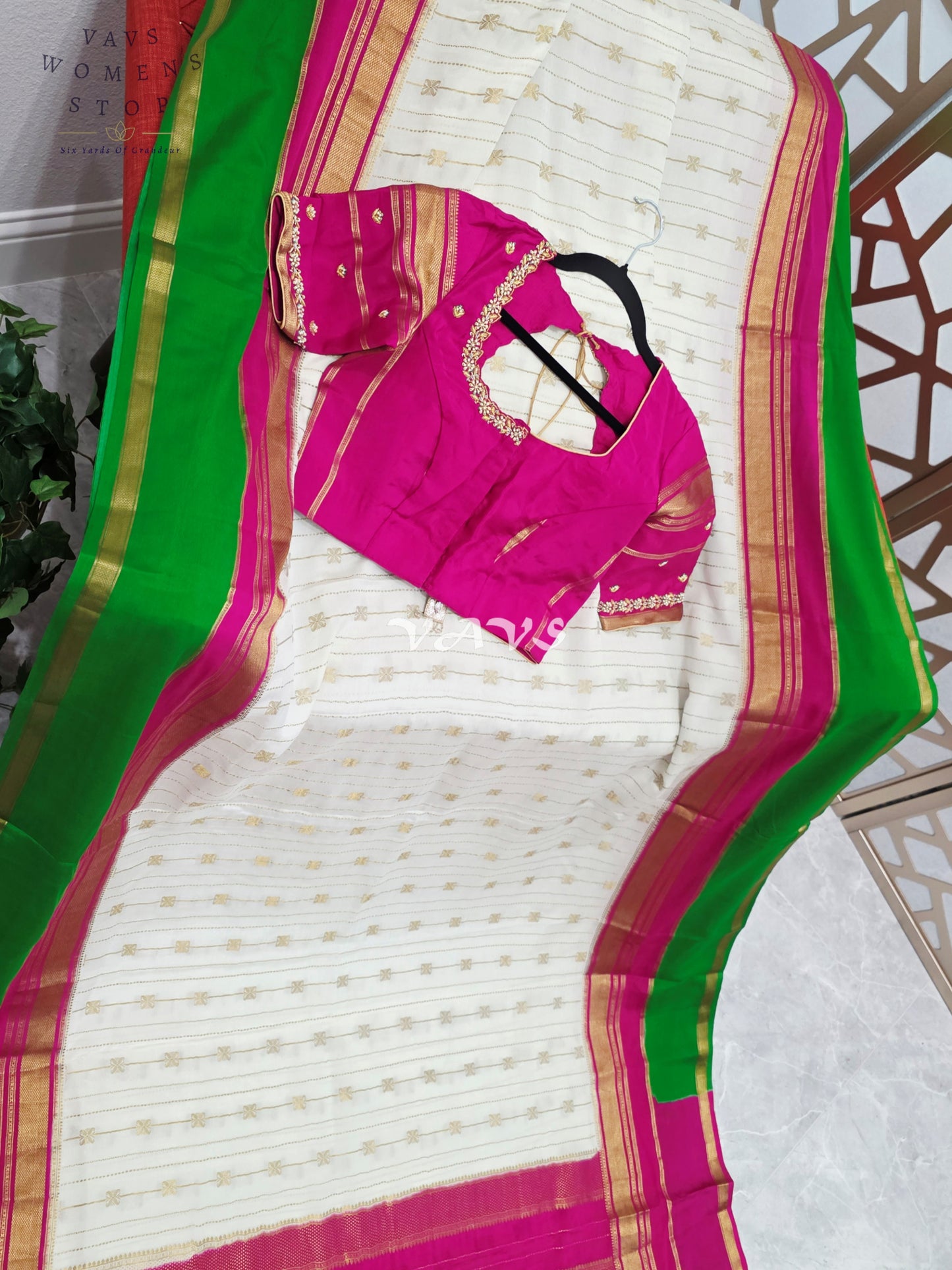 Ivory Pearl Pure Mysore Crepe Silk 120 GSM Saree with Emerald Border & Fuchsia Maggam Blouse Size 34-40