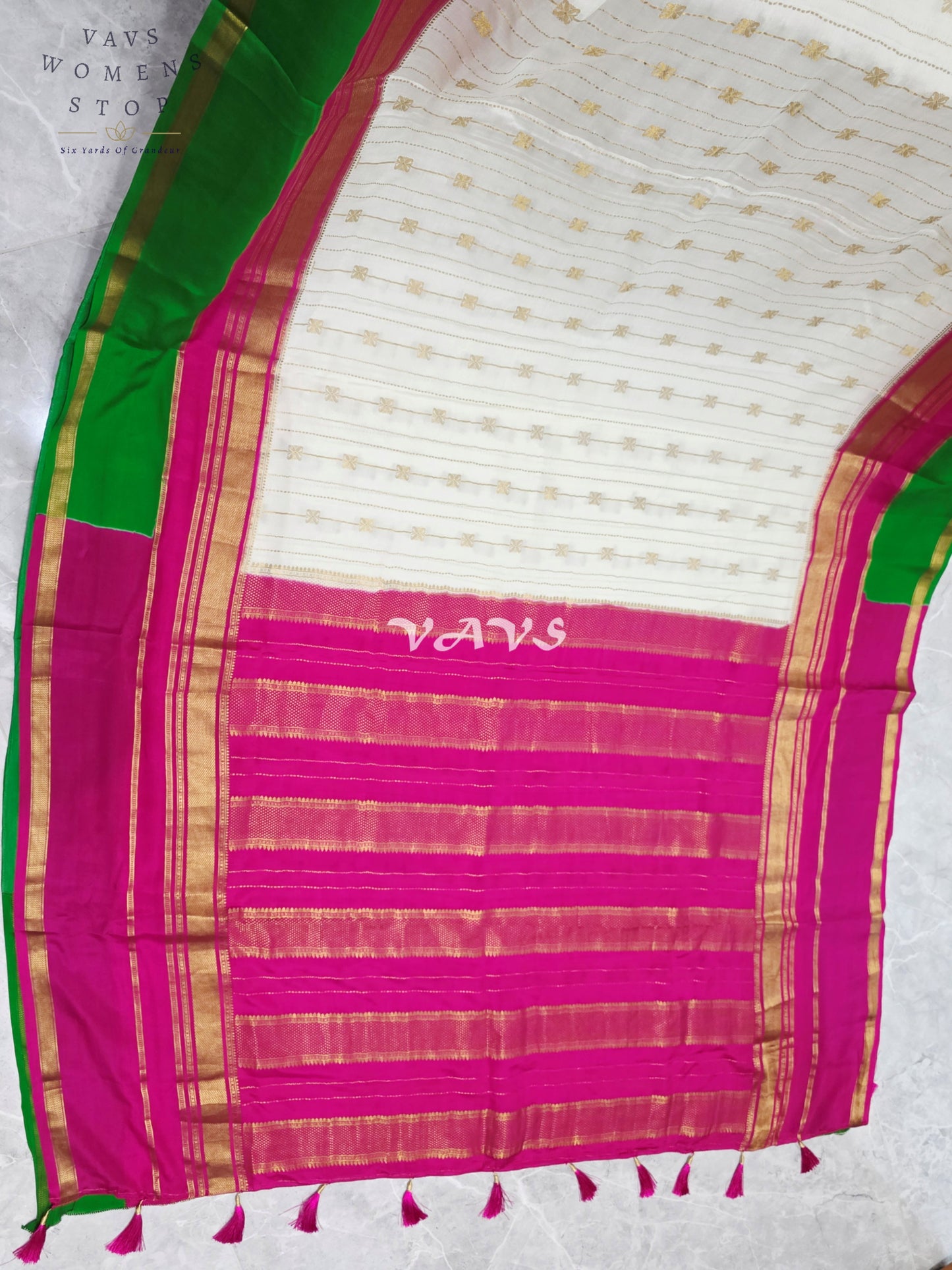 Ivory Pearl Pure Mysore Crepe Silk 120 GSM Saree with Emerald Border & Fuchsia Maggam Blouse Size 34-40