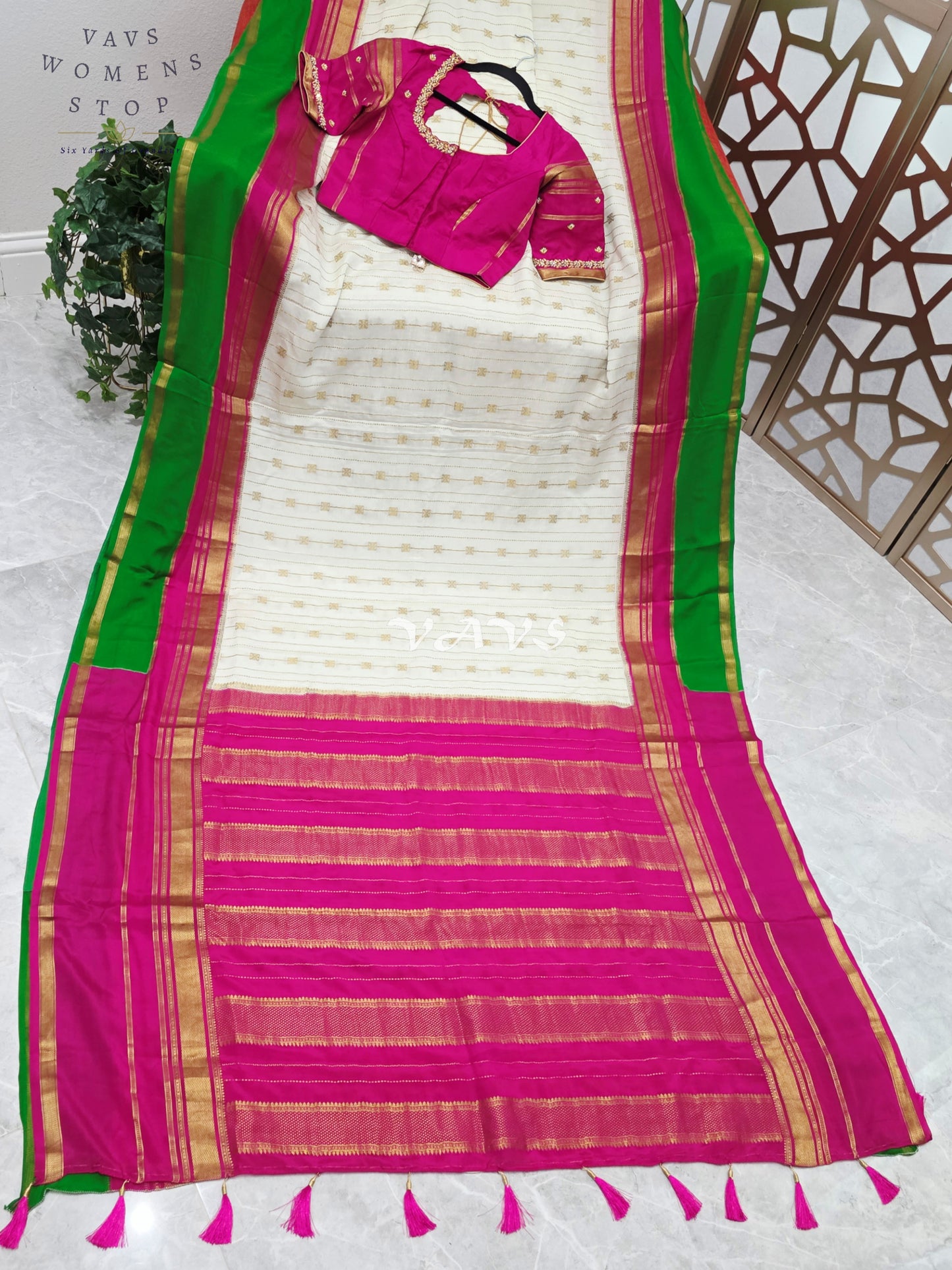 Ivory Pearl Pure Mysore Crepe Silk 120 GSM Saree with Emerald Border & Fuchsia Maggam Blouse Size 34-40