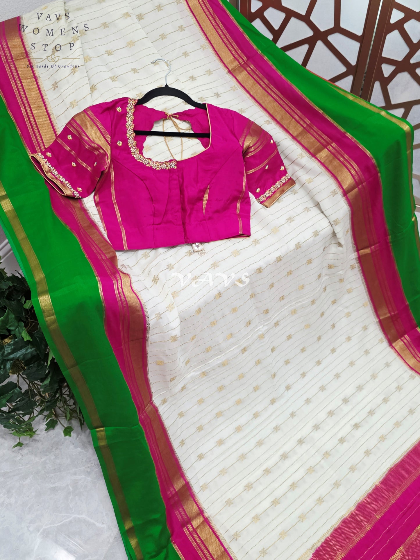 Ivory Pearl Pure Mysore Crepe Silk 120 GSM Saree with Emerald Border & Fuchsia Maggam Blouse Size 34-40