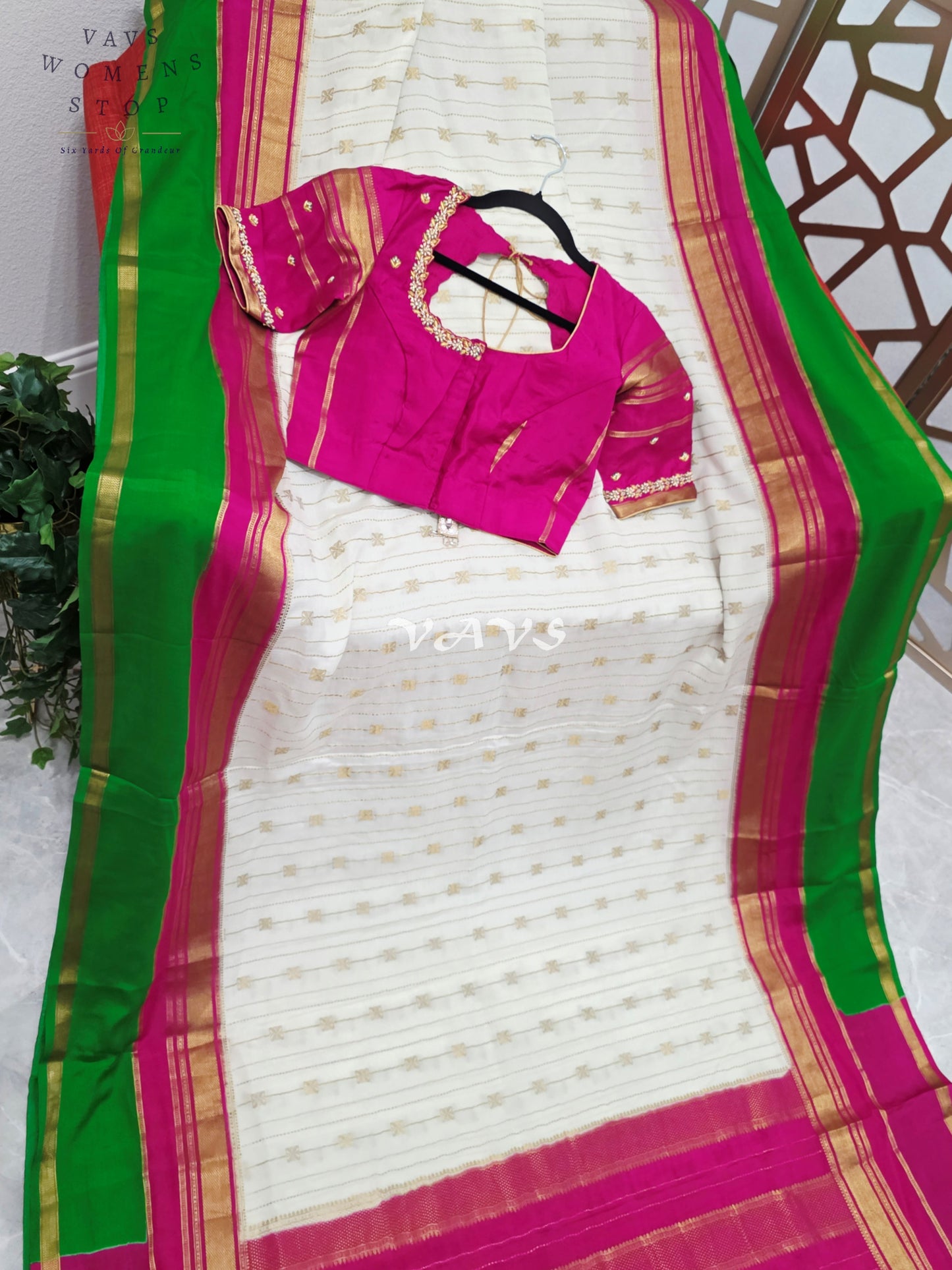 Ivory Pearl Pure Mysore Crepe Silk 120 GSM Saree with Emerald Border & Fuchsia Maggam Blouse Size 34-40